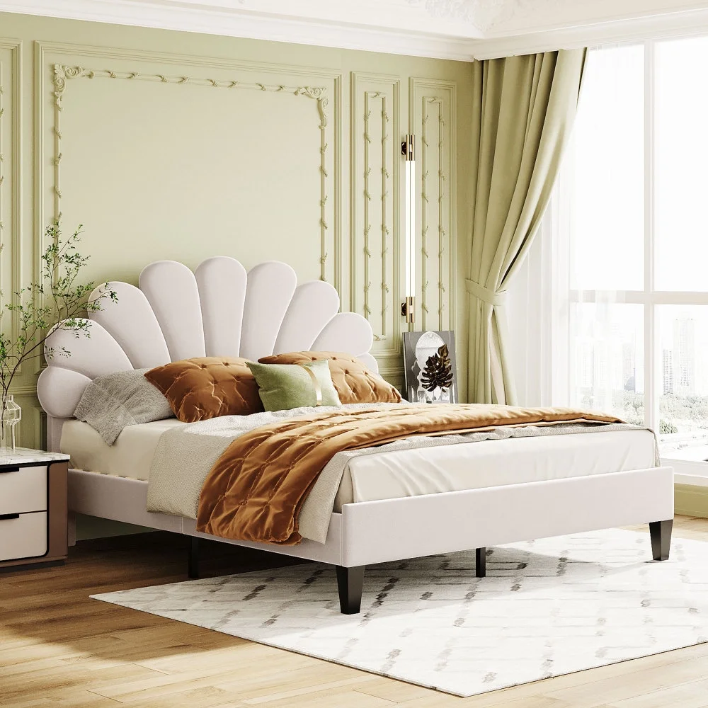 Queen Size Upholstered Platform Bed with Flower Headboard,Velvet Bed Frame for Kids Boys Girls,Beige