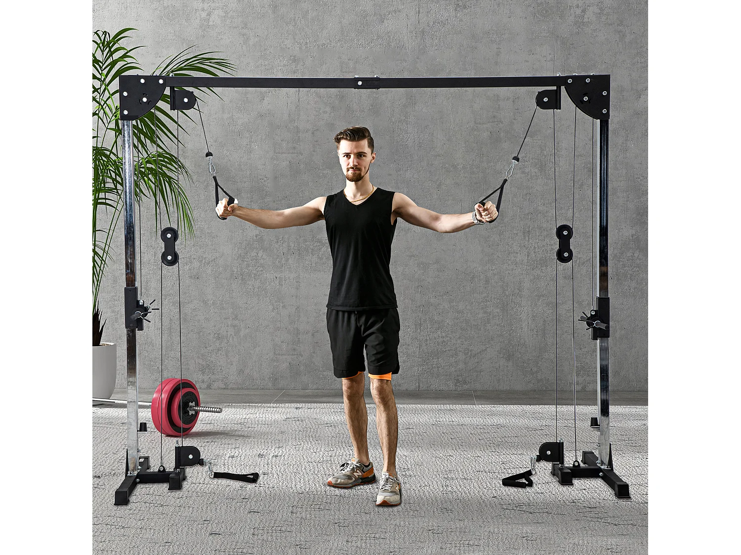 Appareil de musculation double poulie vis à vis crossover - charge libre avec haltère 2 x 50 Kg - acier gris noir