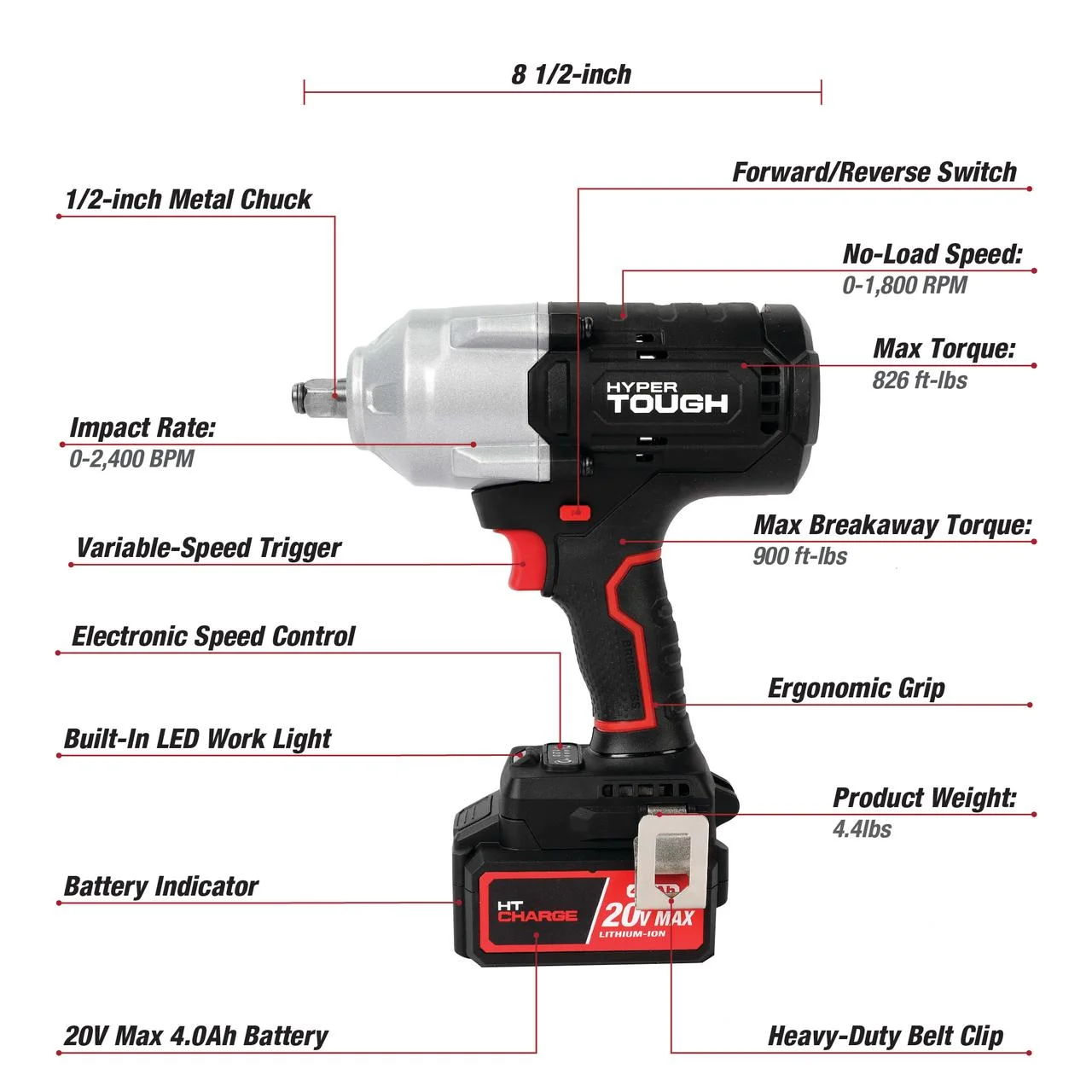 Hyper Tough 20V Max Brushless 1/2-inch High-Torque Cordless Impact Wrench with 4.0Ah Lithium-Ion Battery and Charger - Image 4