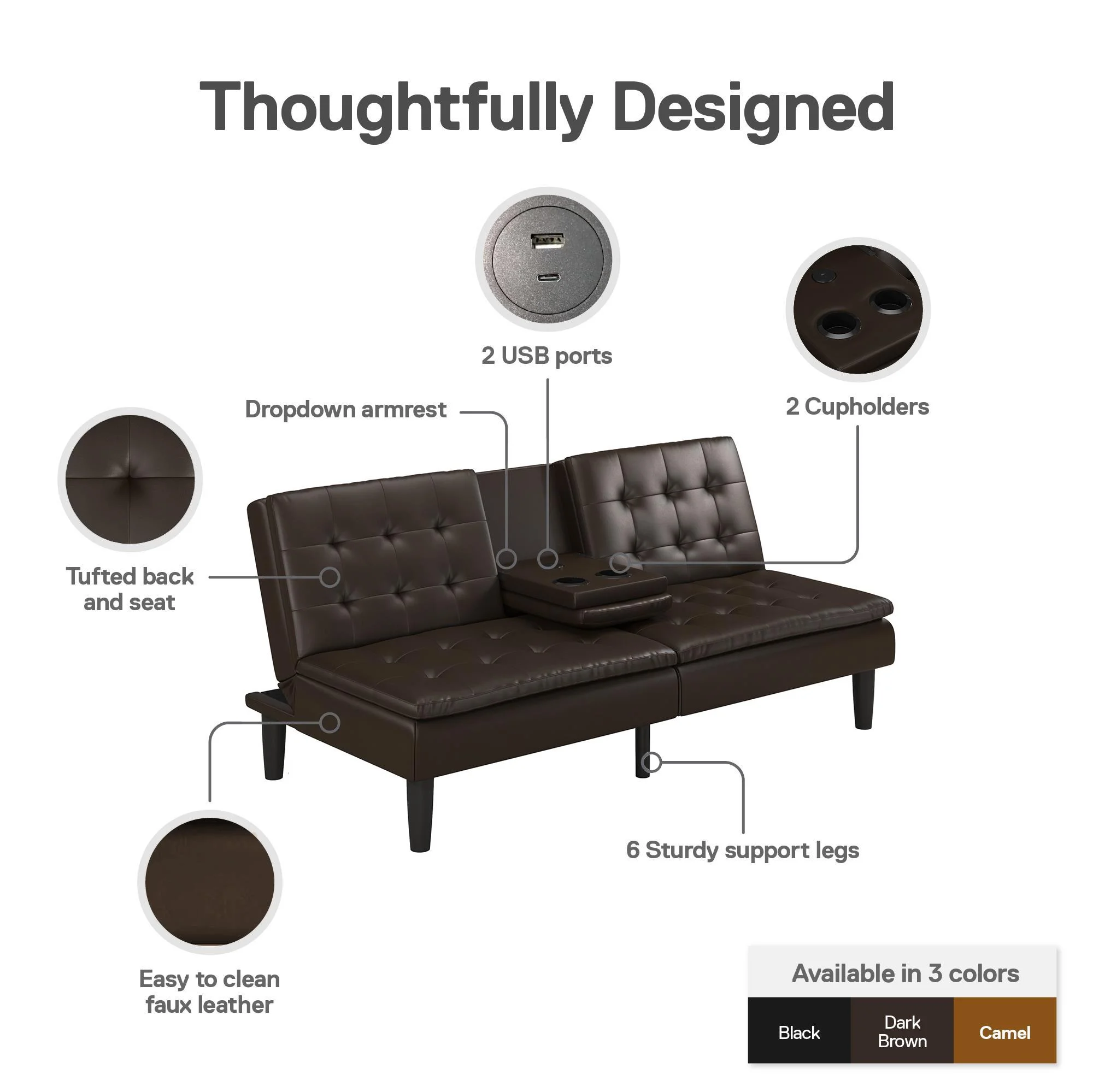 Mainstays Memory Foam 71.5" Futon with Cupholder and USB, Black Faux Leather - Image 58