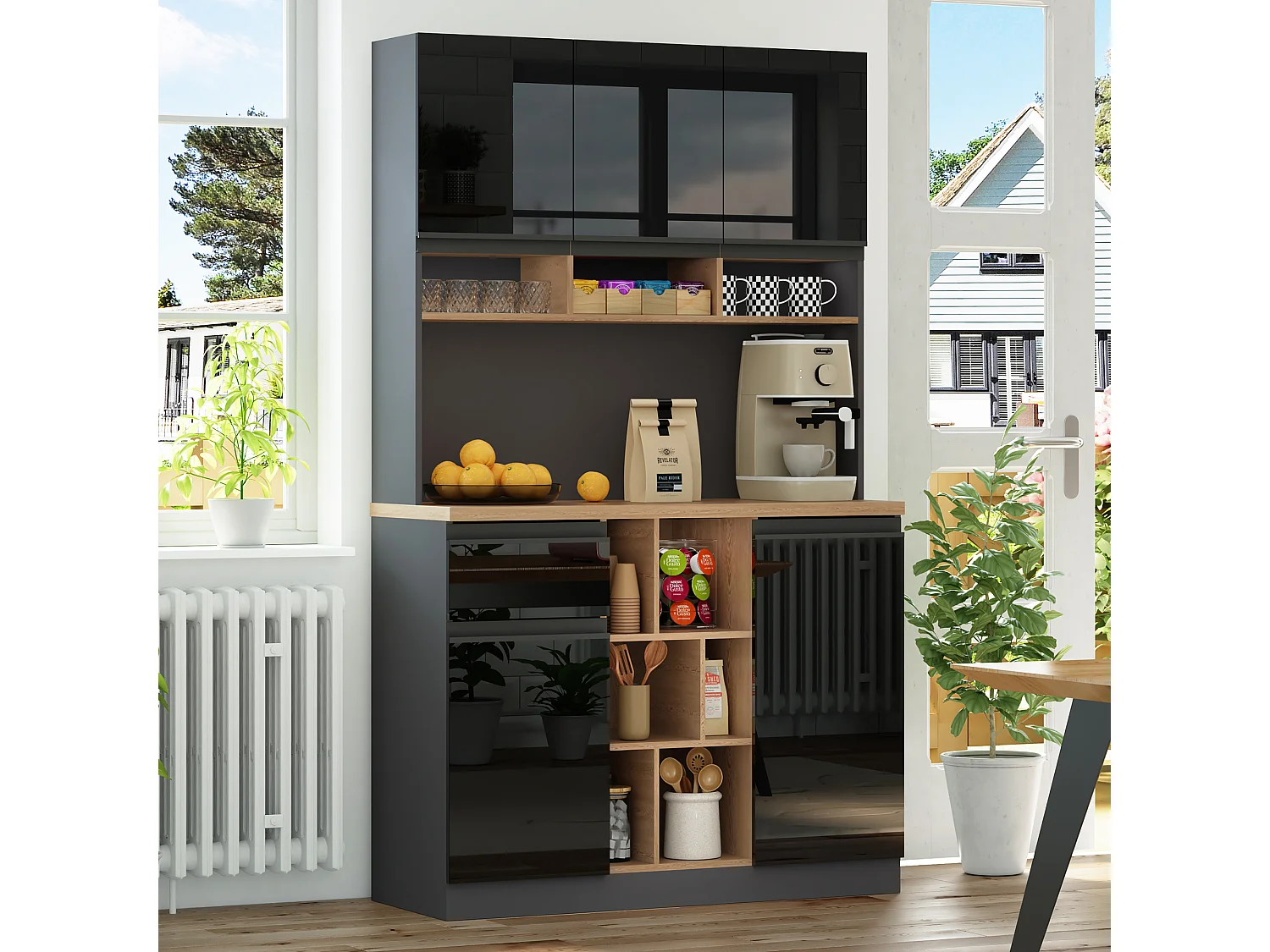 Buffet de cuisine 105x48x185cm avec 5 portes, 1 tiroir et niches, noir et naturel