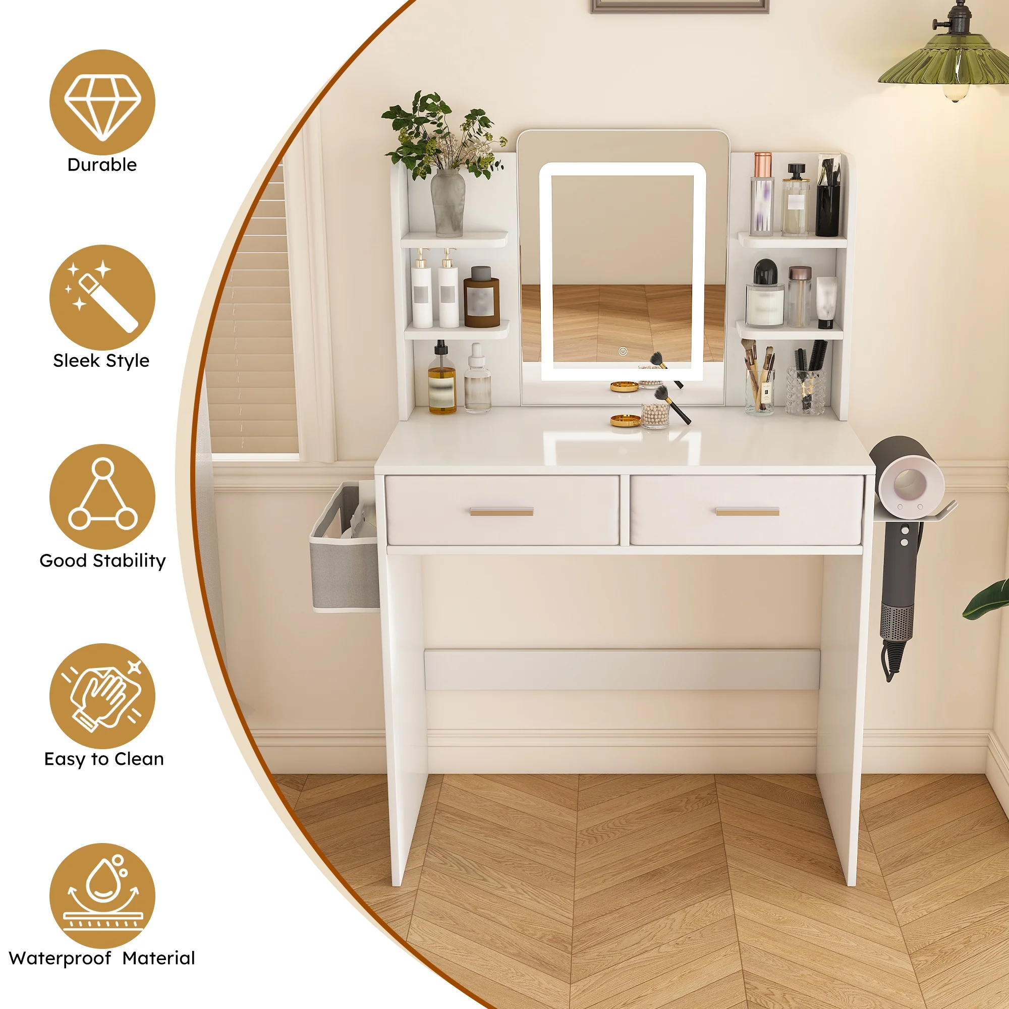 Montary Modern Mini Vanity w/Adjustable LED Mirror + Hidden Storage, Padded Stool & Dustproof Shelves (White) - Image 92