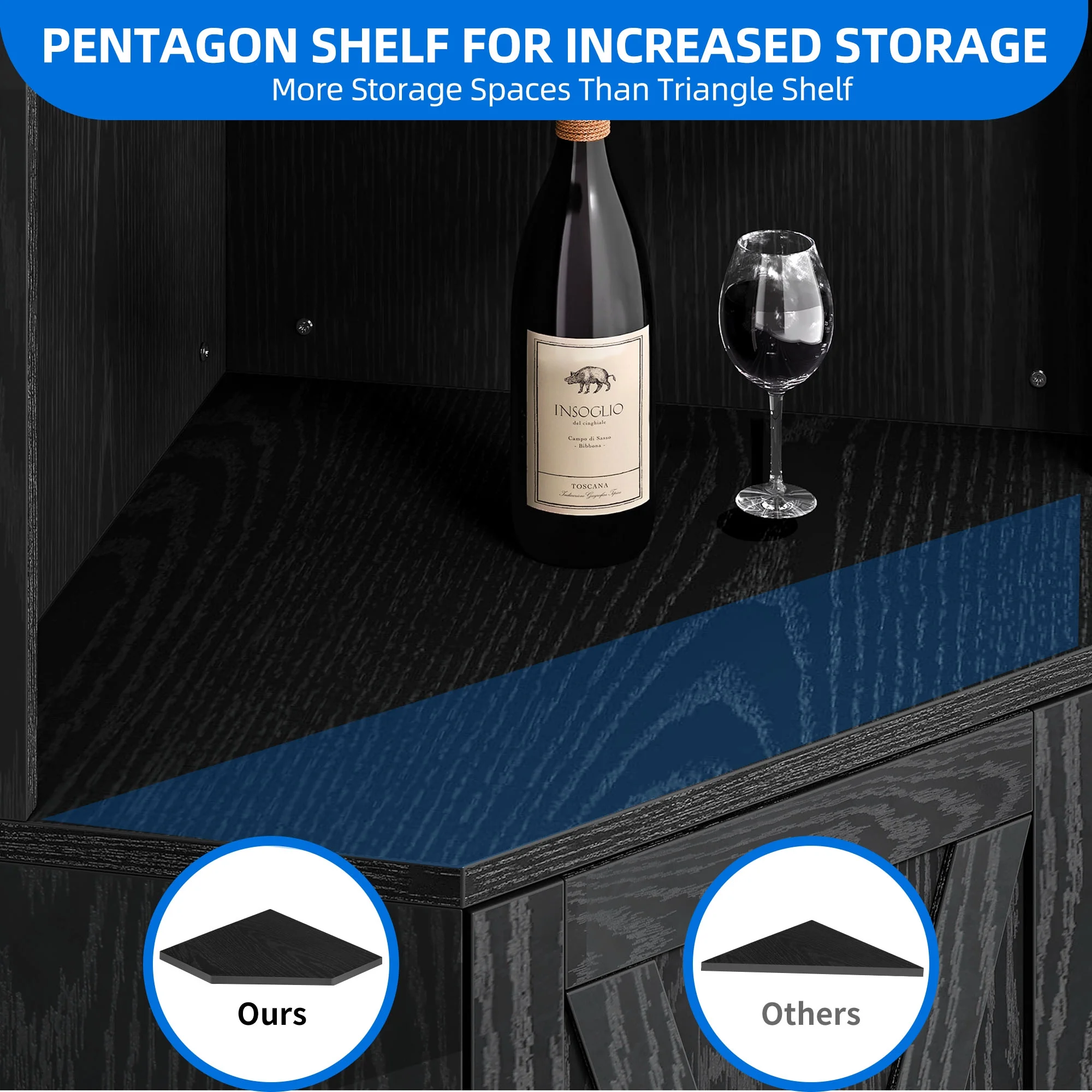 Dextrus 67" Corner Bar Cabinet with LED Lights, Wine Glass Holder & Storage Shelves, Black - Image 7