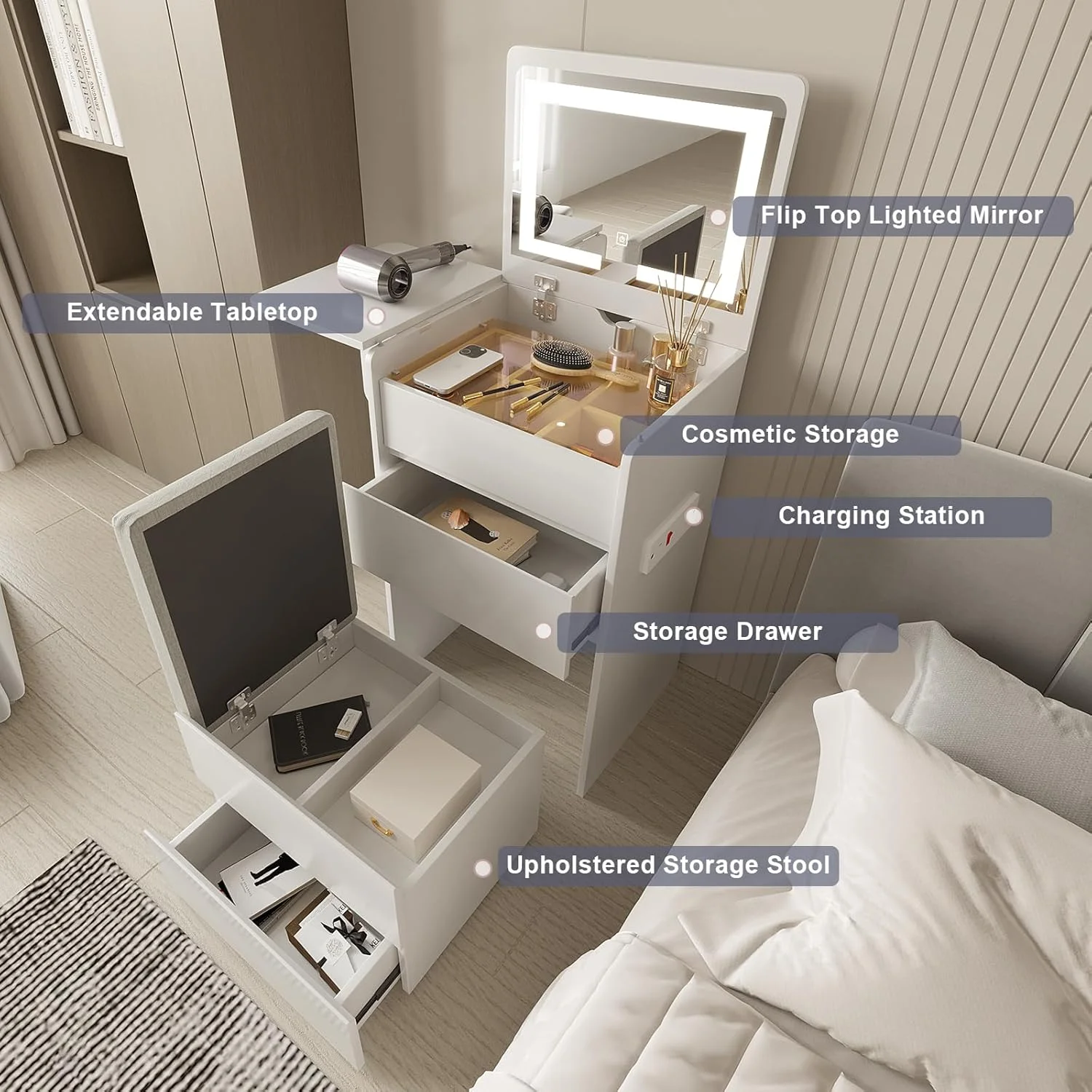 Vanity Desk with Flip Top Lighted Mirror, Compact Makeup Table with Storage Stool, Integrated Vanity with Drawers, 3-in-1 Vanity Set, Small Dressing Desk for Bedroom - Image 2
