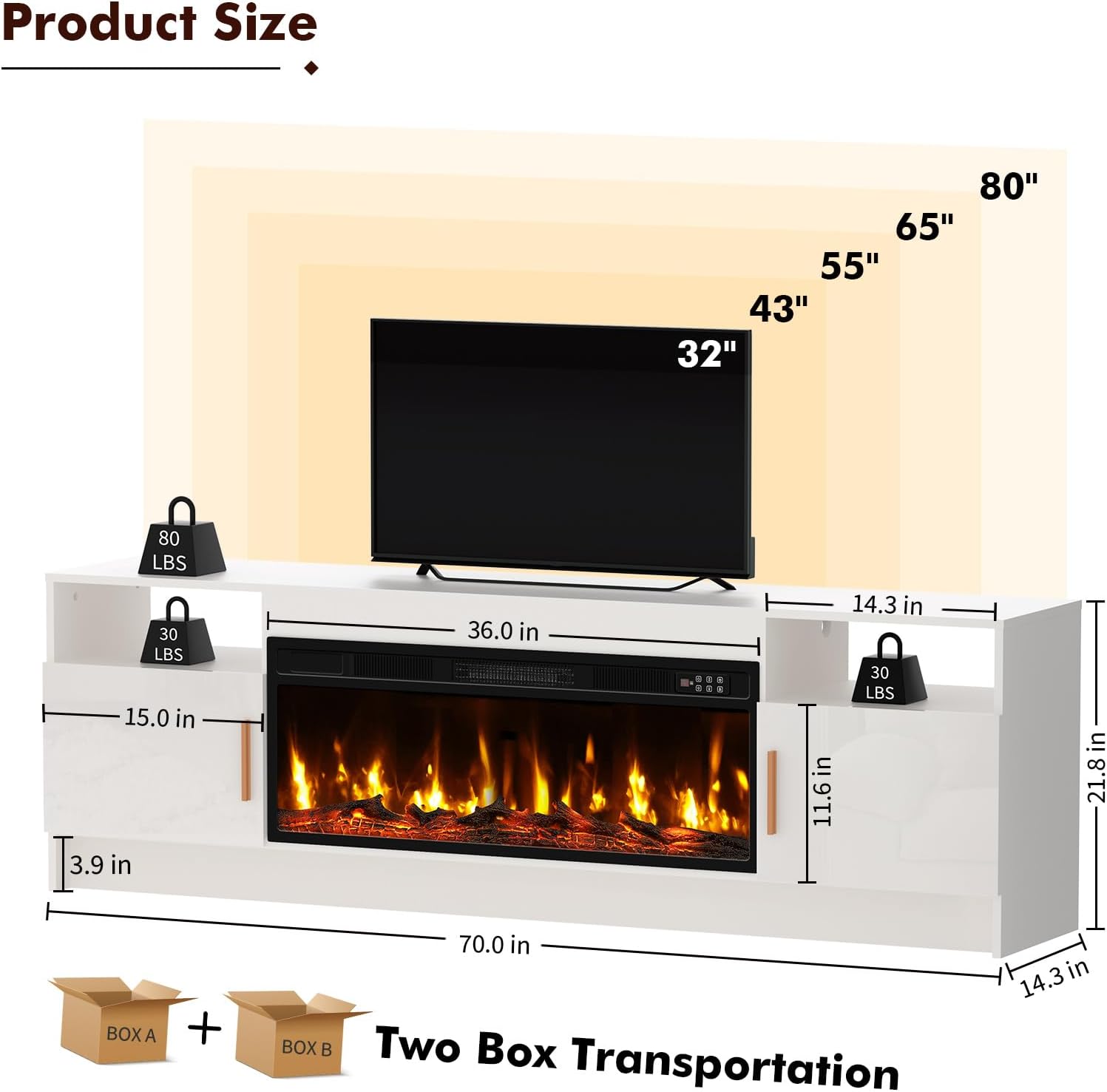 BREEZEHEAT TV Stand with Fireplace-Fireplace TV Stand for 75+ inch TV, LED Entertainment Center for Living Room w/ 36