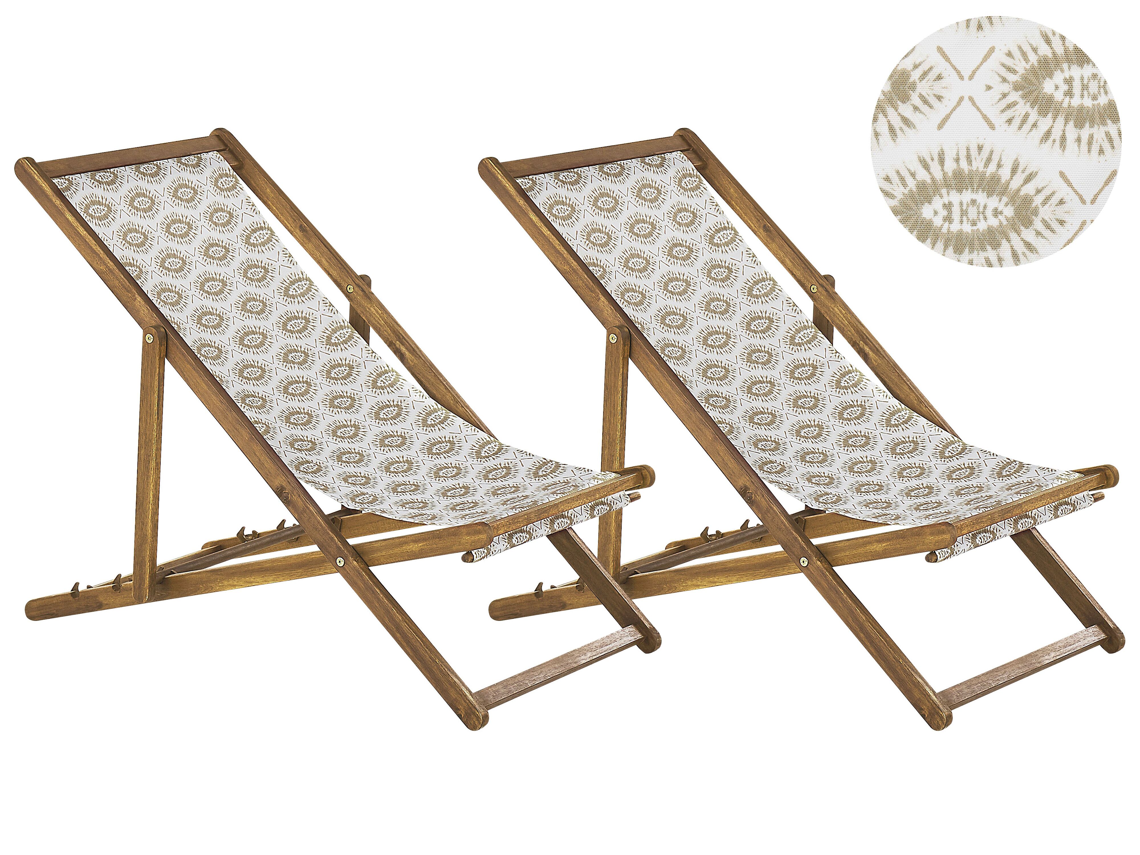 Set of 2 Folding Deck Chairs ANZIO with Replacement Fabrics Abstract Motif Acacia Wood Light Brown