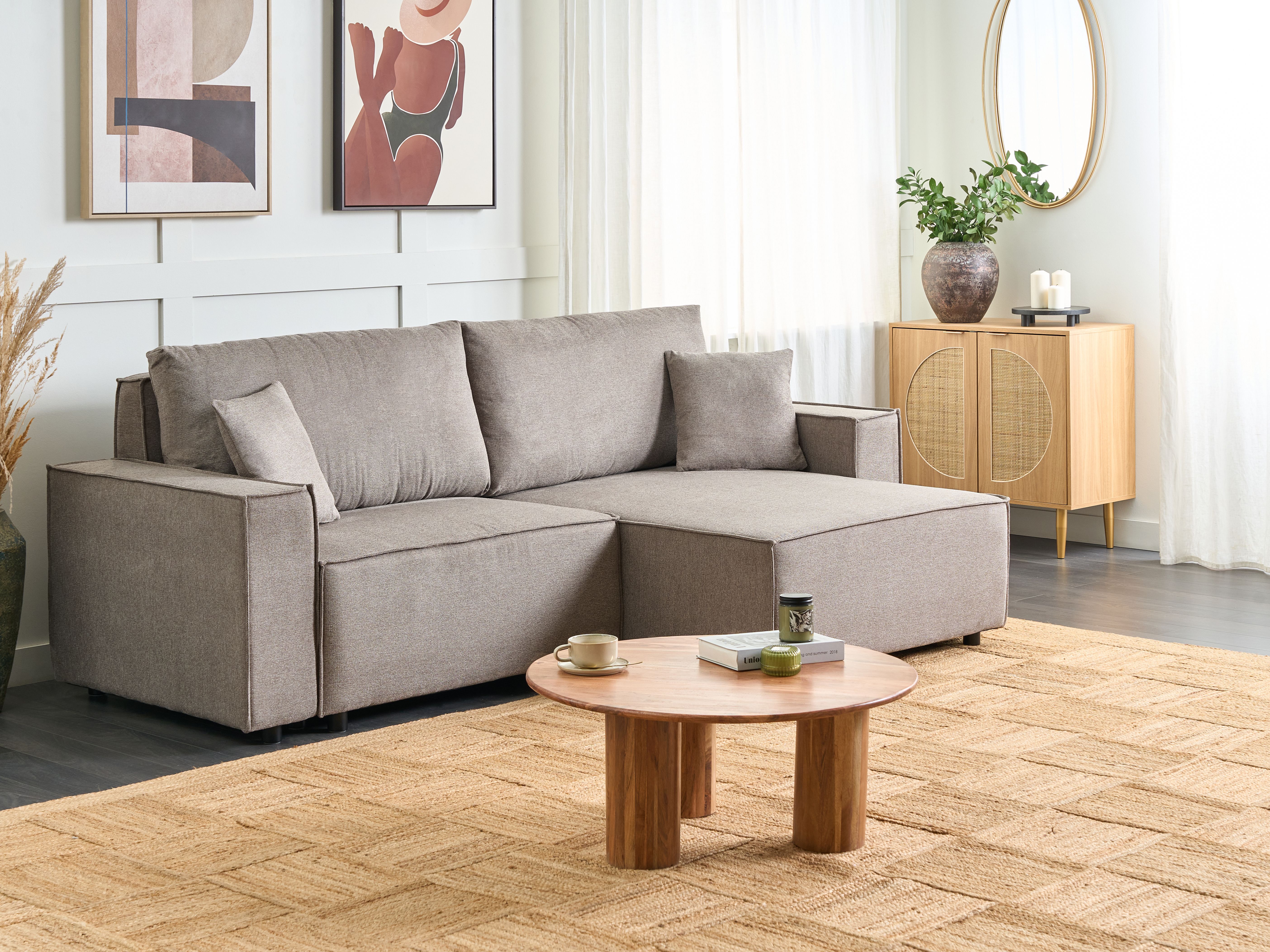 Sofa Bed 3 Seater KARILA Fabric Taupe with Storage Left Hand