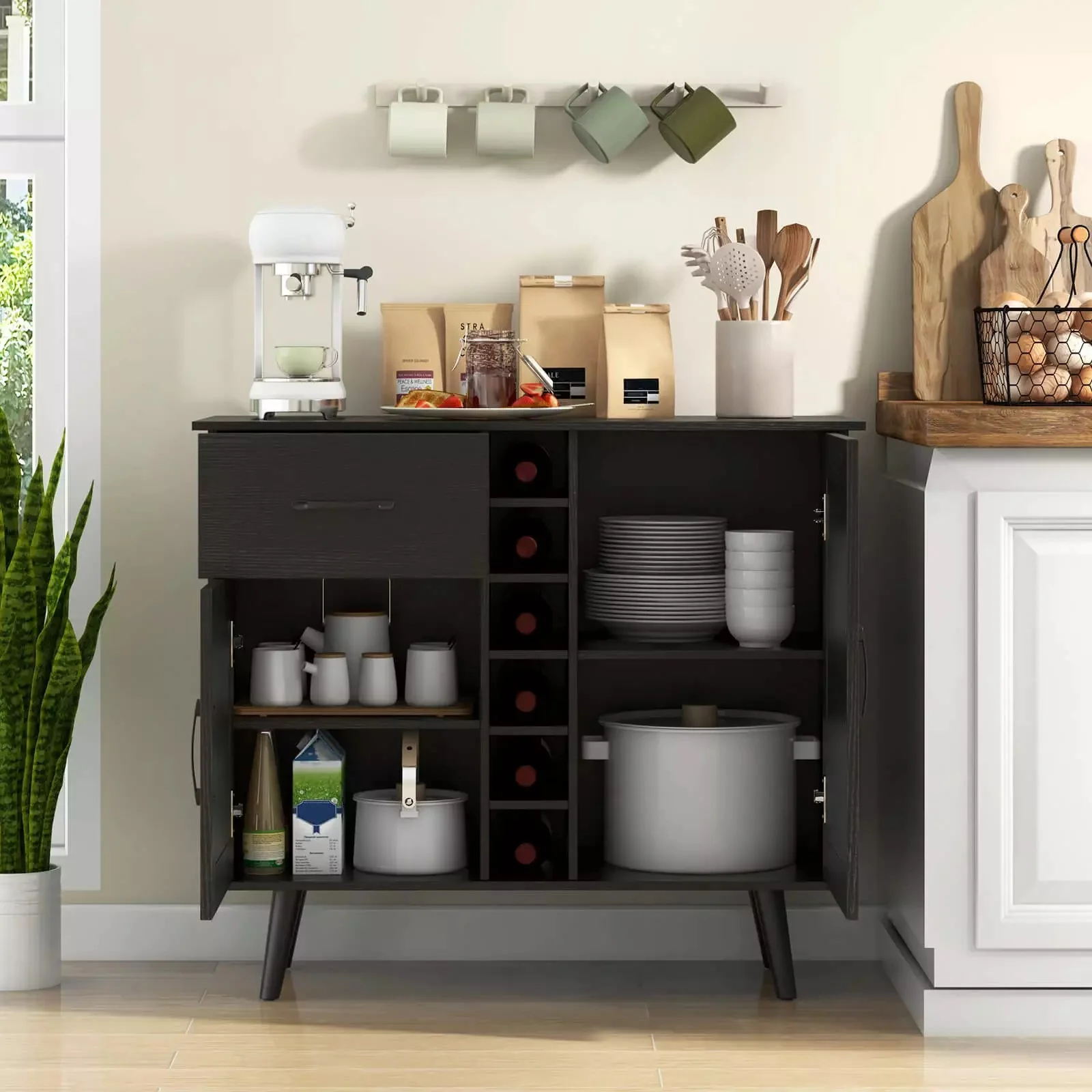 Auranook Sideboard Buffet Cabinet, Wine Bar Storage Cabinet with 6-Bottle Wine Rack, Drawer & 2 Adjustable Shelves, Modern Buffet Cupboard