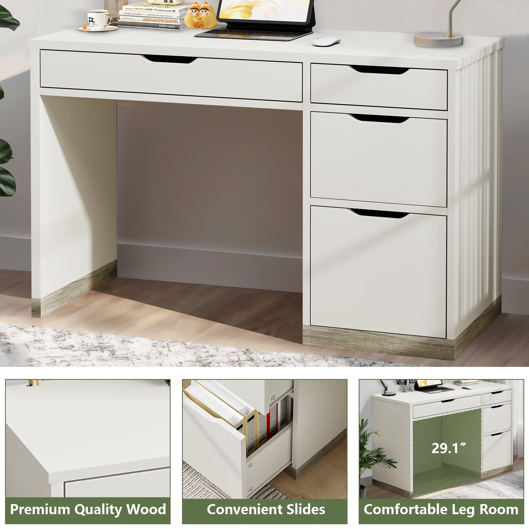 DreamCurship White Desk with Drawers, Modern Computer Desk with File Drawers, Home Office Study Writing Desk with Storage, White - Image 6