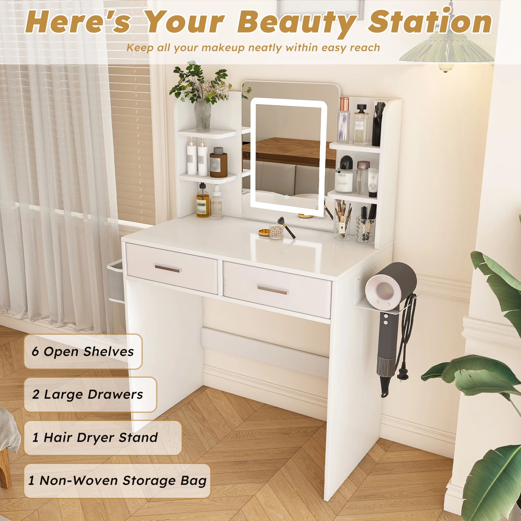 Montary Modern Mini Vanity w/Adjustable LED Mirror + Hidden Storage, Padded Stool & Dustproof Shelves (White) - Image 97