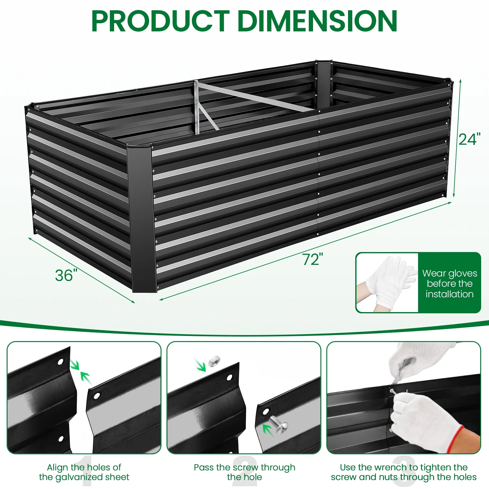 Homdox 6*3*2FT Galvanized Raised Garden Bed, Outdoor Thickened Raised Garden Planter Box for Vegetable Flower Fruit Herb, Rectangular Metal Garden Raised Box for Garden Yard, Black