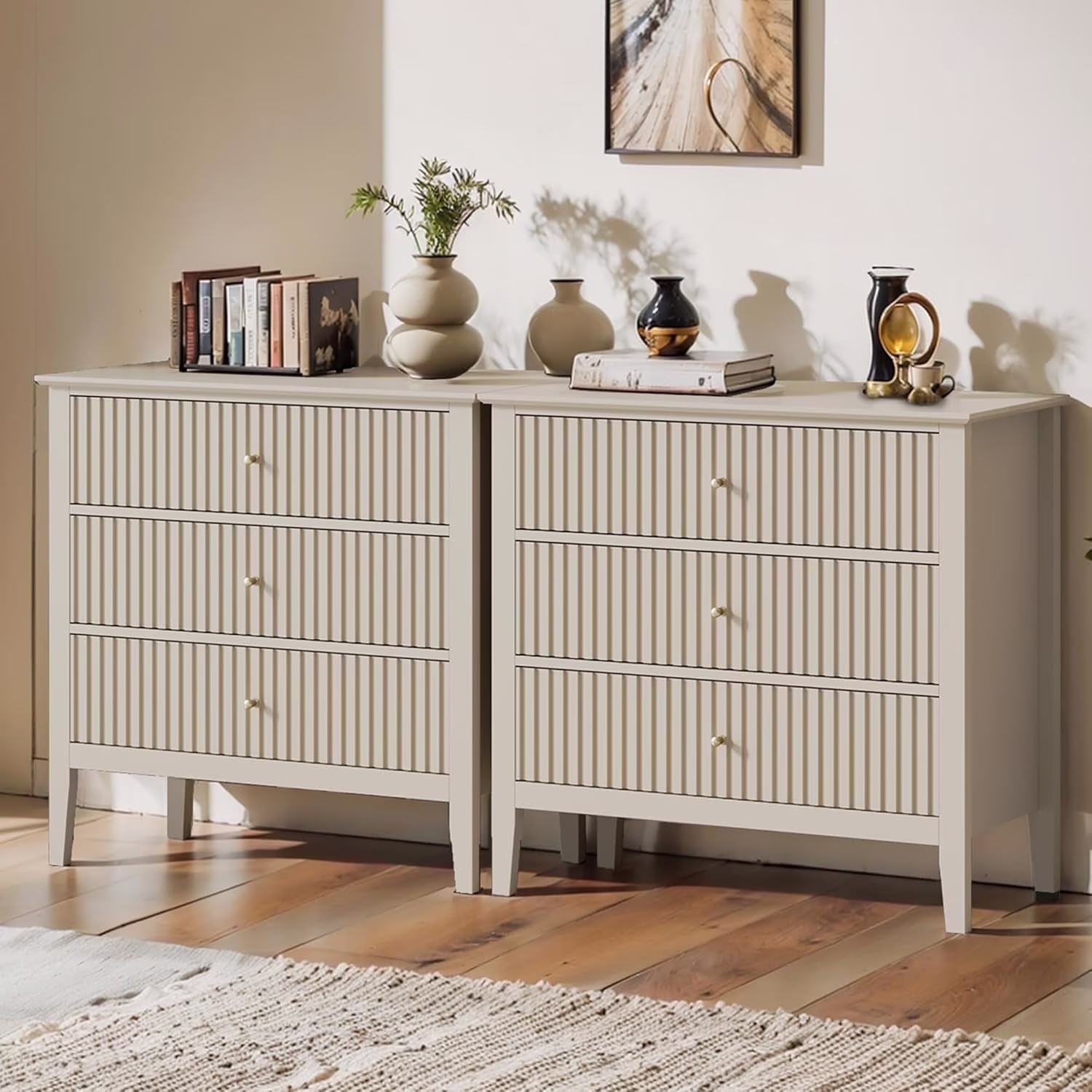May Color Large White 3 Drawer Dresser Set of 2 with Fluted Panel, Modern Chest of Drawers with Silent Slide Drawers, Wood Accent Nightstand with Storage for Bedroom Living Room, Hallway - Image 20