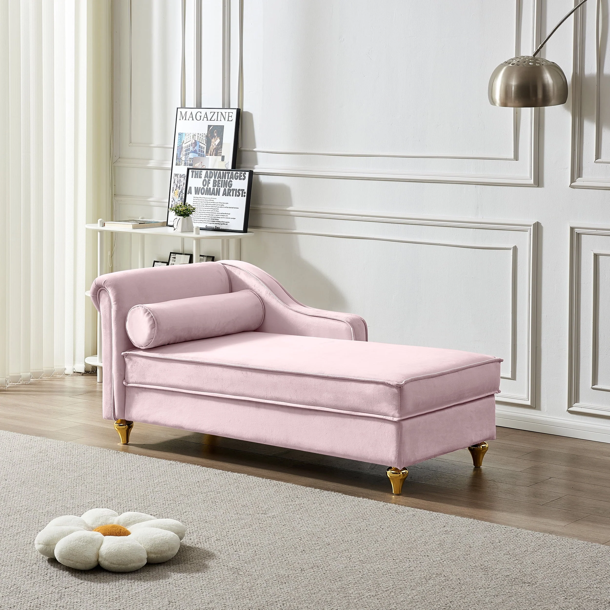 60.6" Velvet Chaise Lounge with Storage, Small Sofa Trimmed with Solid Metal Legs with 1 Pillow, Pink