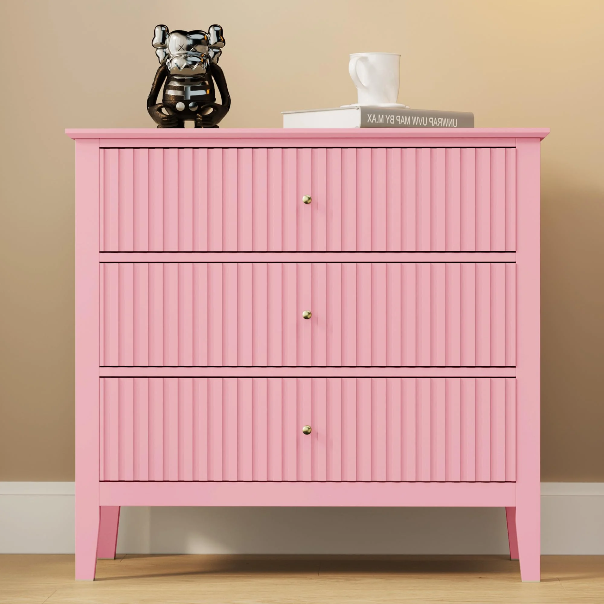Heynemo Beige 6 Drawer Dresser, Fluted Modern Wood Chest - Image 79