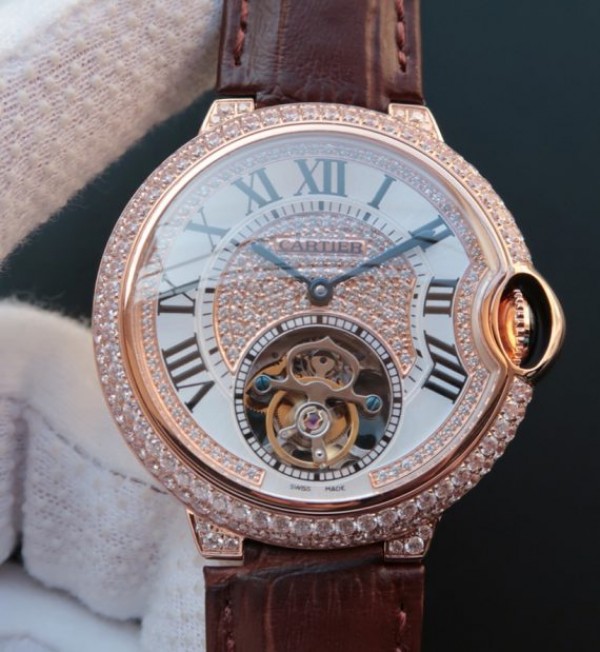 Replica Cartier Ballon Bleu de Cartier 42mm Tourbillon RG Paved Diamonds Leather Strap - Top club