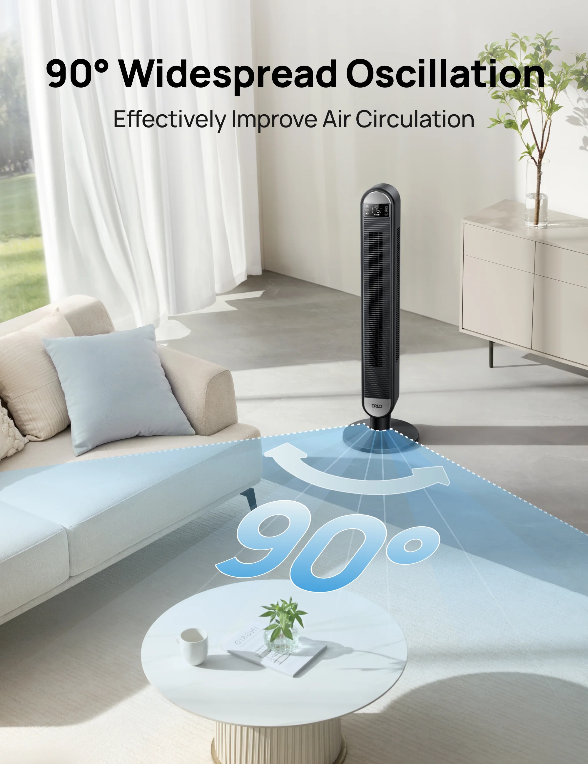 Dreo Tower Fan for Home, 42" Standing Fan with Remote, 90�� Oscillating Fan for Indoors, 34dB Quiet Bedroom Fans, 6 Speeds, 4 Modes, 12H Timer, Bladeless Fan with LED Display, 26 ft/s High Velocity - Image 7