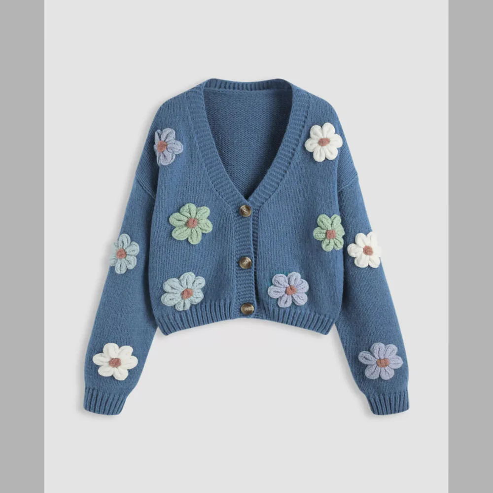 Floral Applique V-Neck Knit Cardigan - ZKZOOK