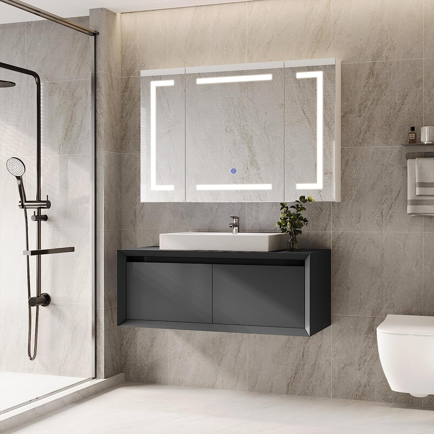 Lighted Medicine Cabinet with Mirror&LED Light for Bathroom,Wall Mounted Bathroom Mirror Cabinet with Storage and 2 Outlet and 3 Doors for Home, White, 39.4
