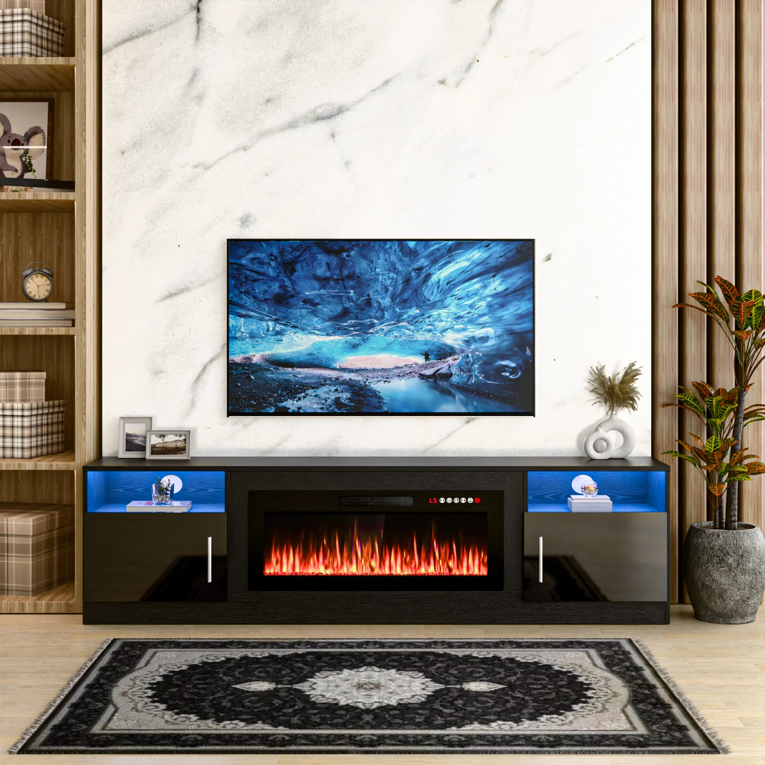 Waleaf Fireplace TV Stand with 36" Electric Fireplace Up to 80" TVs, Modern Wood Media TV Console with Highlight Cabinet, White - Image 29