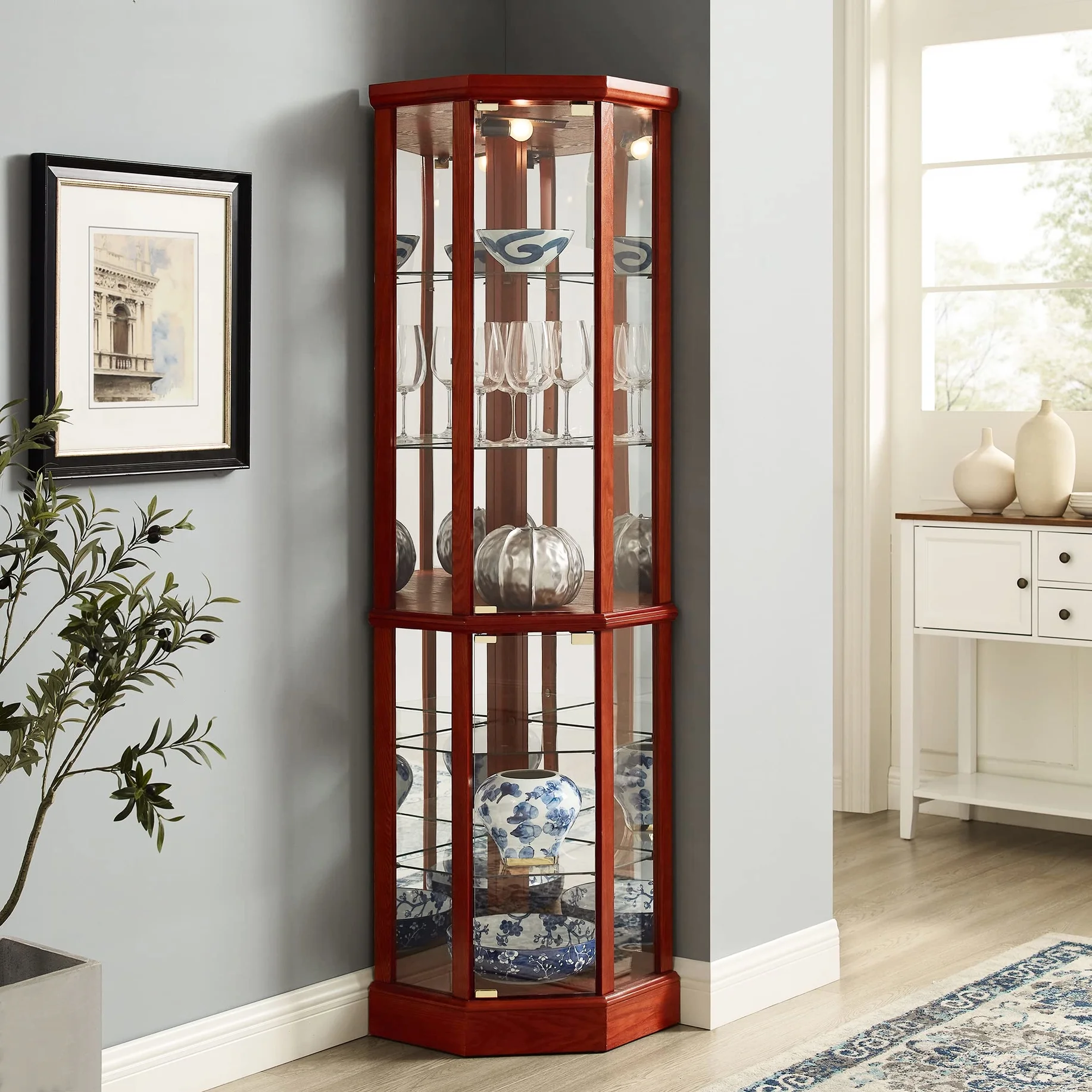 Walnut Cabinet With 6 Shelves, Adjustable Glass & Mirrored Back Design Shelf Lighted Corner Curio Shelves In - Image 21
