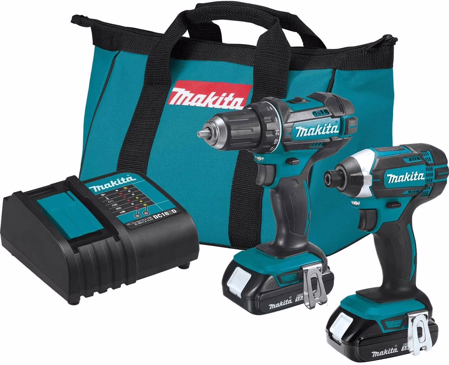 Makita 18V Lithium-Ion Cordless Power Tool Set, 1.5Ah, 2 Pack