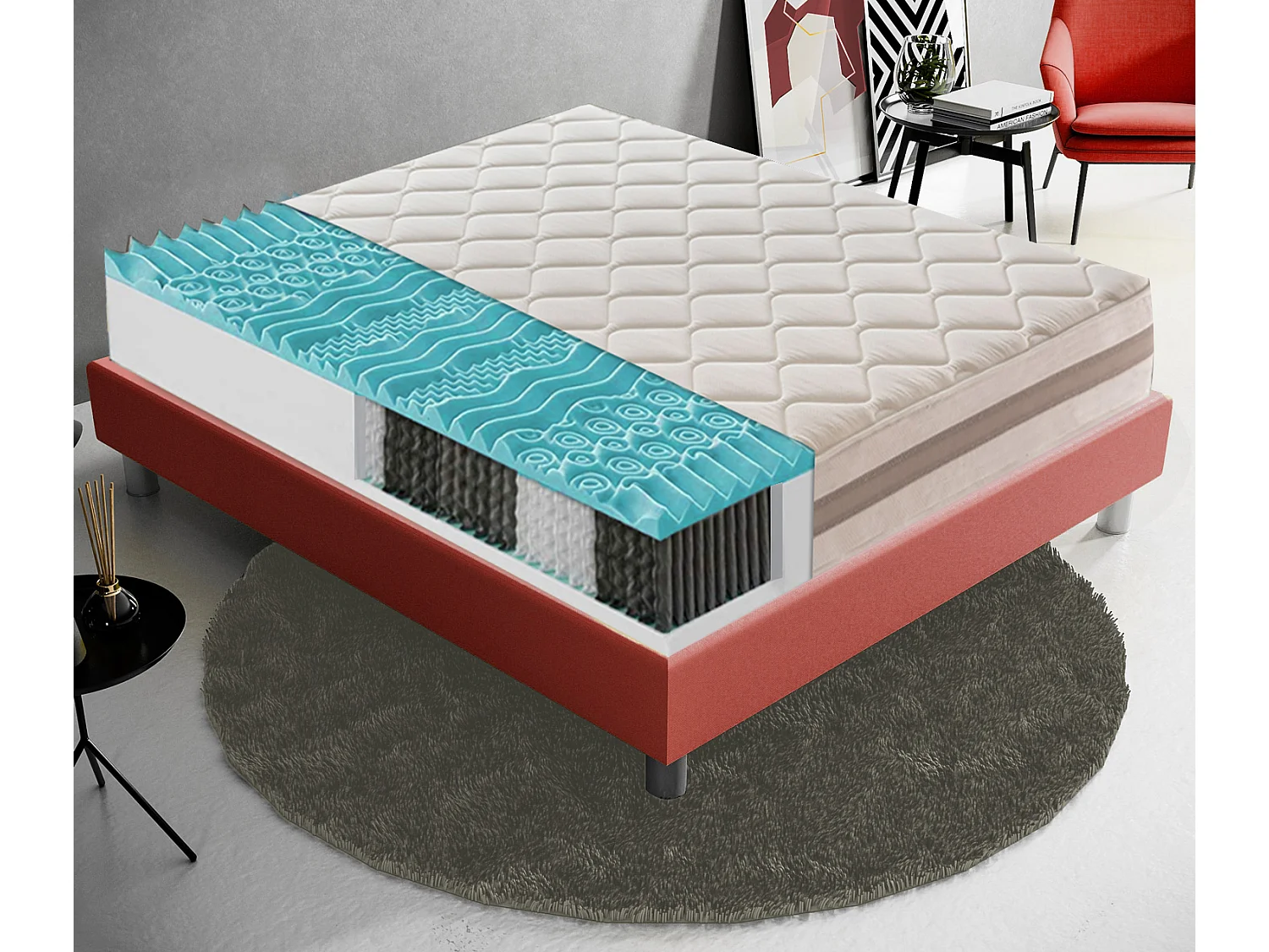 Matelas à Ressorts ensachés et mousse mémoire 9 Zones de confort Hauteur 22 cm 120x190 cm