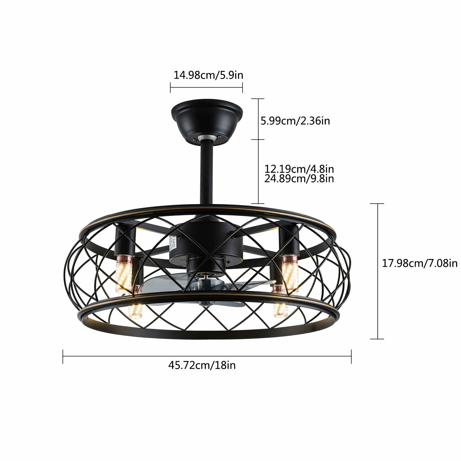 Cuall Metal Black Caged Chandelier Ceiling Fan with Remote Control