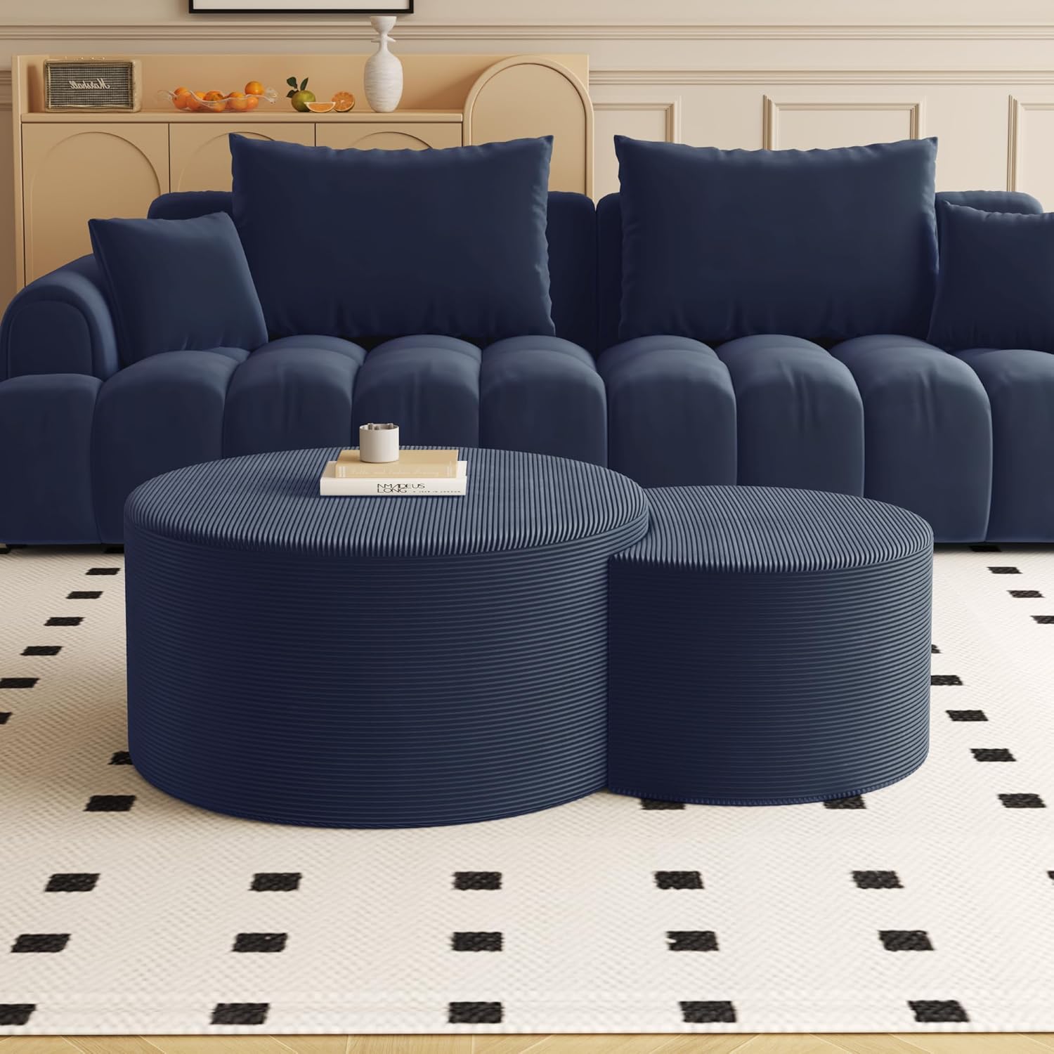 BSHOMGI Nesting Coffee Table Set of 2, Upholstered Round Corduroy Circle Foam Round Side Table for Living Room, Entryway Set, 32