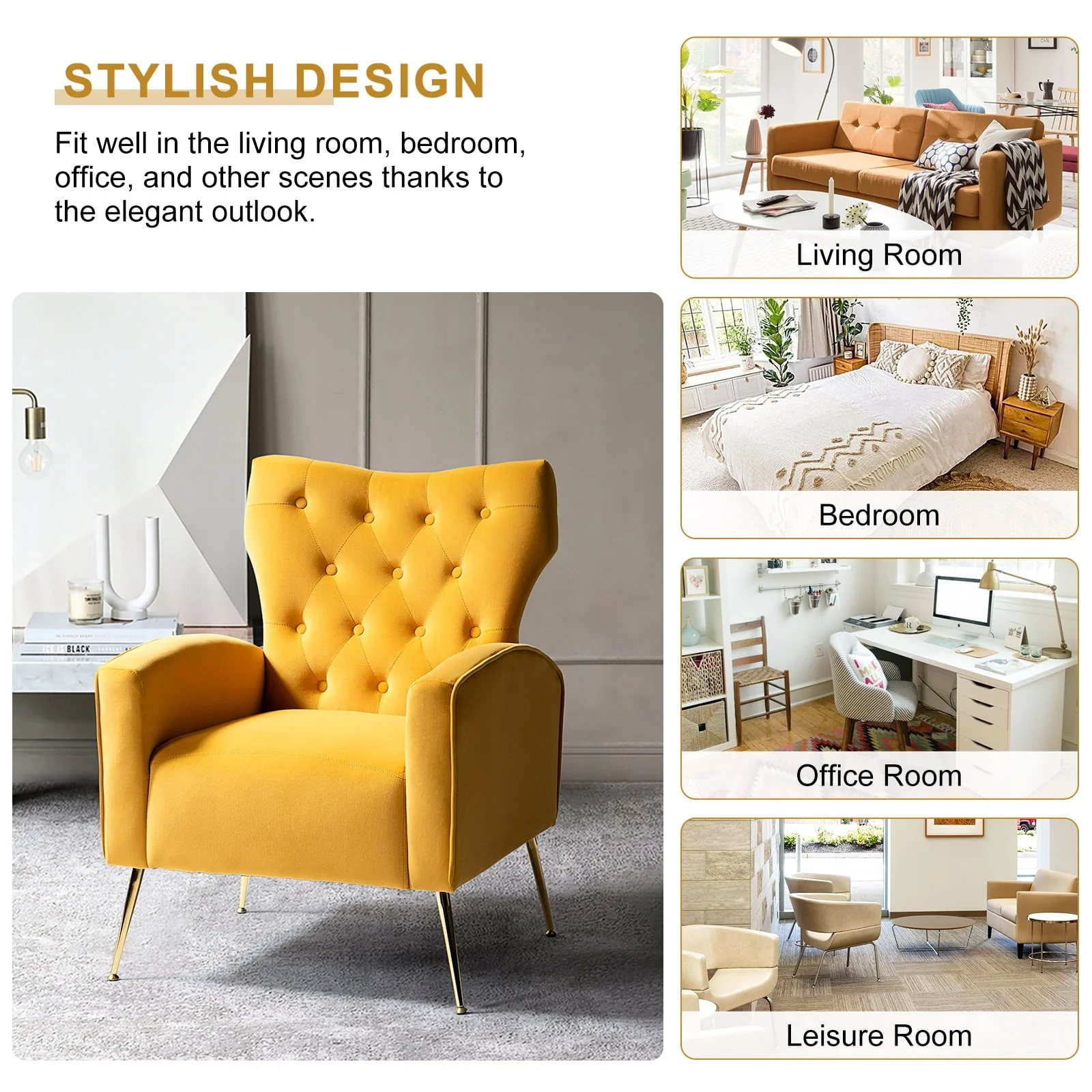14 Karat Home Fall Home Decor Velvet Accent Chair Button Tufted Metal Legs Adult Living Room Mustard - Image 2