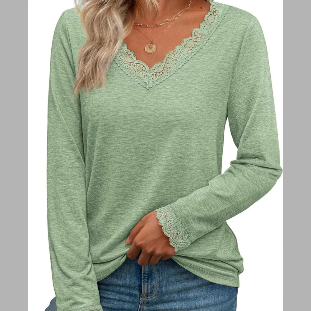 Lace Trim V-Neck Long Sleeve T-Shirt - ZKZOOK