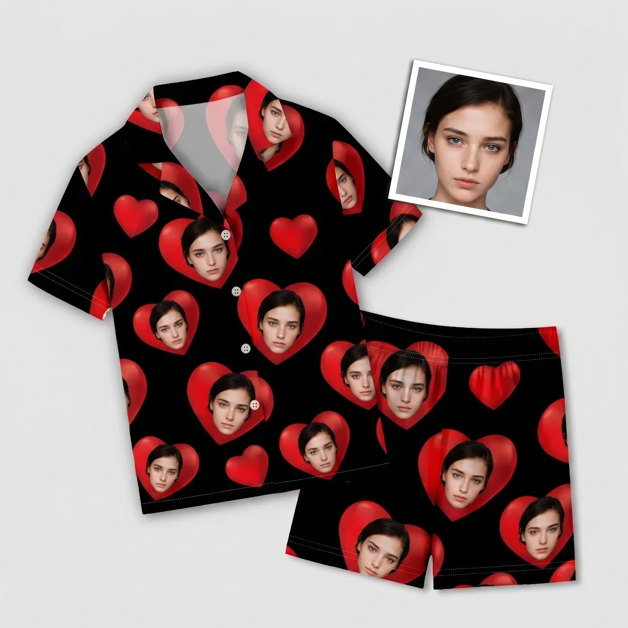 Customized face print short-sleeve shirt and shorts matching set, personalized photo clothing flat lay