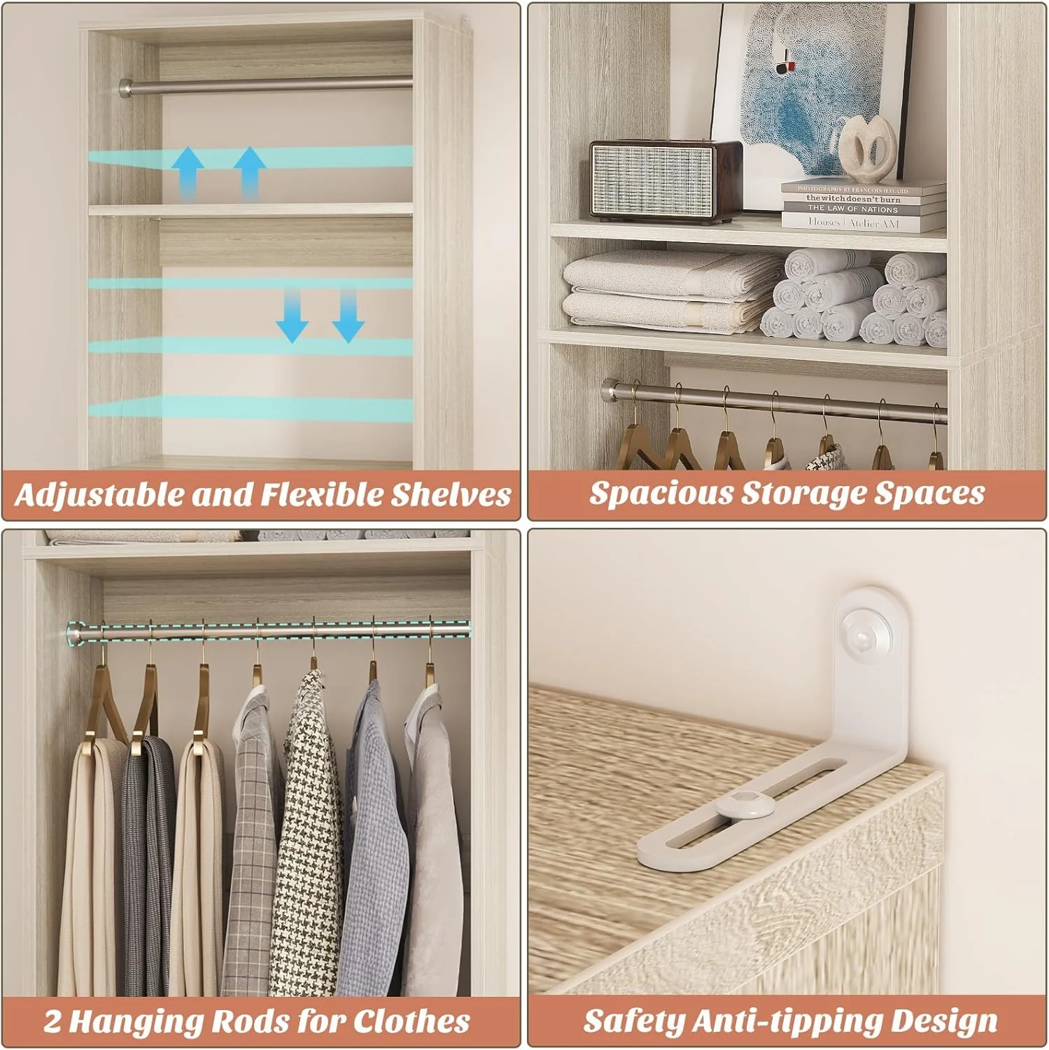 Homieasy 25�?Closet System, Freestanding Closet Organizer Wardrobe with Hanging Rods and Shelves, Adjustable Clothes Garment Rack, Sturdy Walk in Closet Tower, White - Image 11