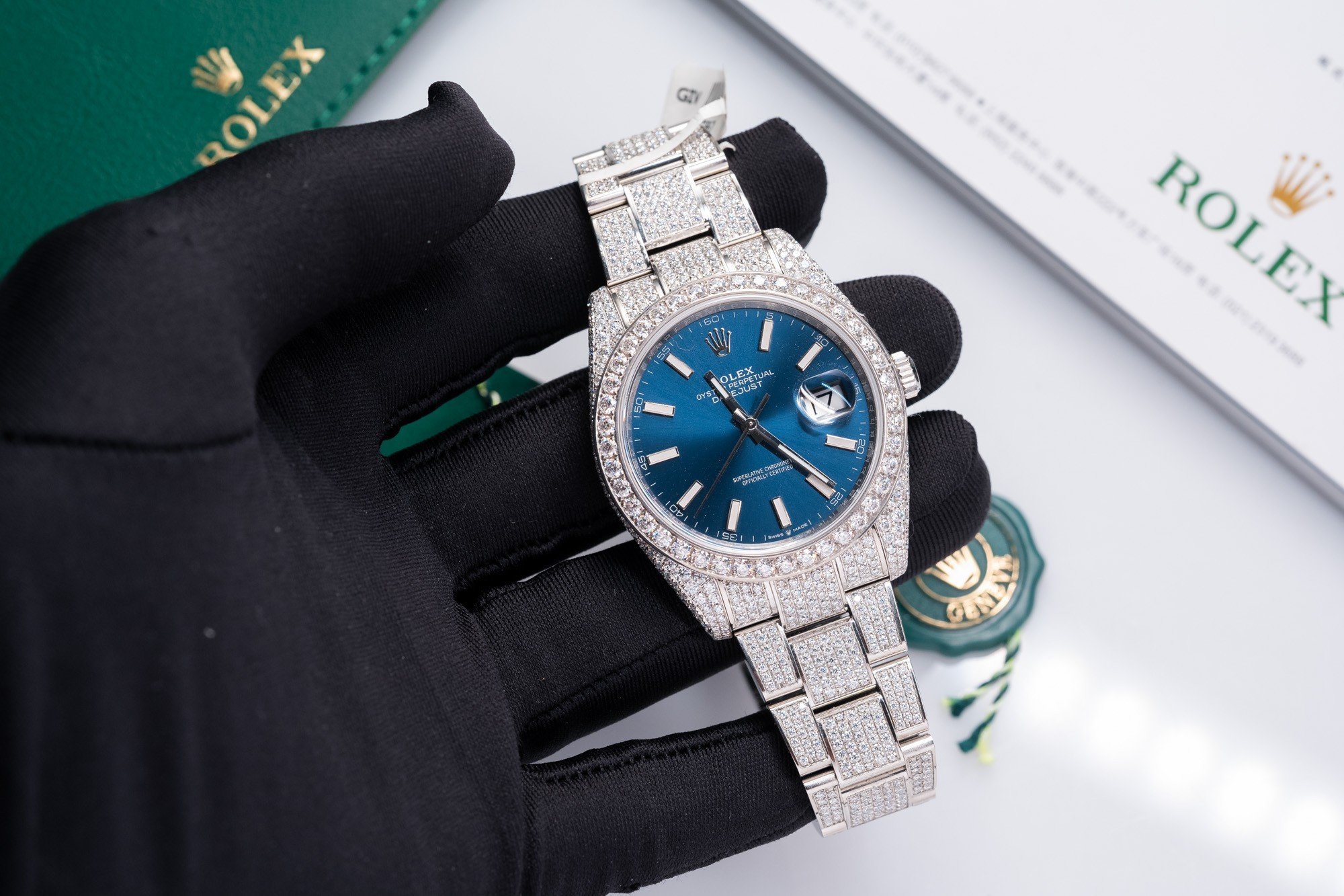 Rolex Replica 1:1 Watch DateJust With Full Moissanite Diamond Blue Dial 41mm - Elite Watch Atelier