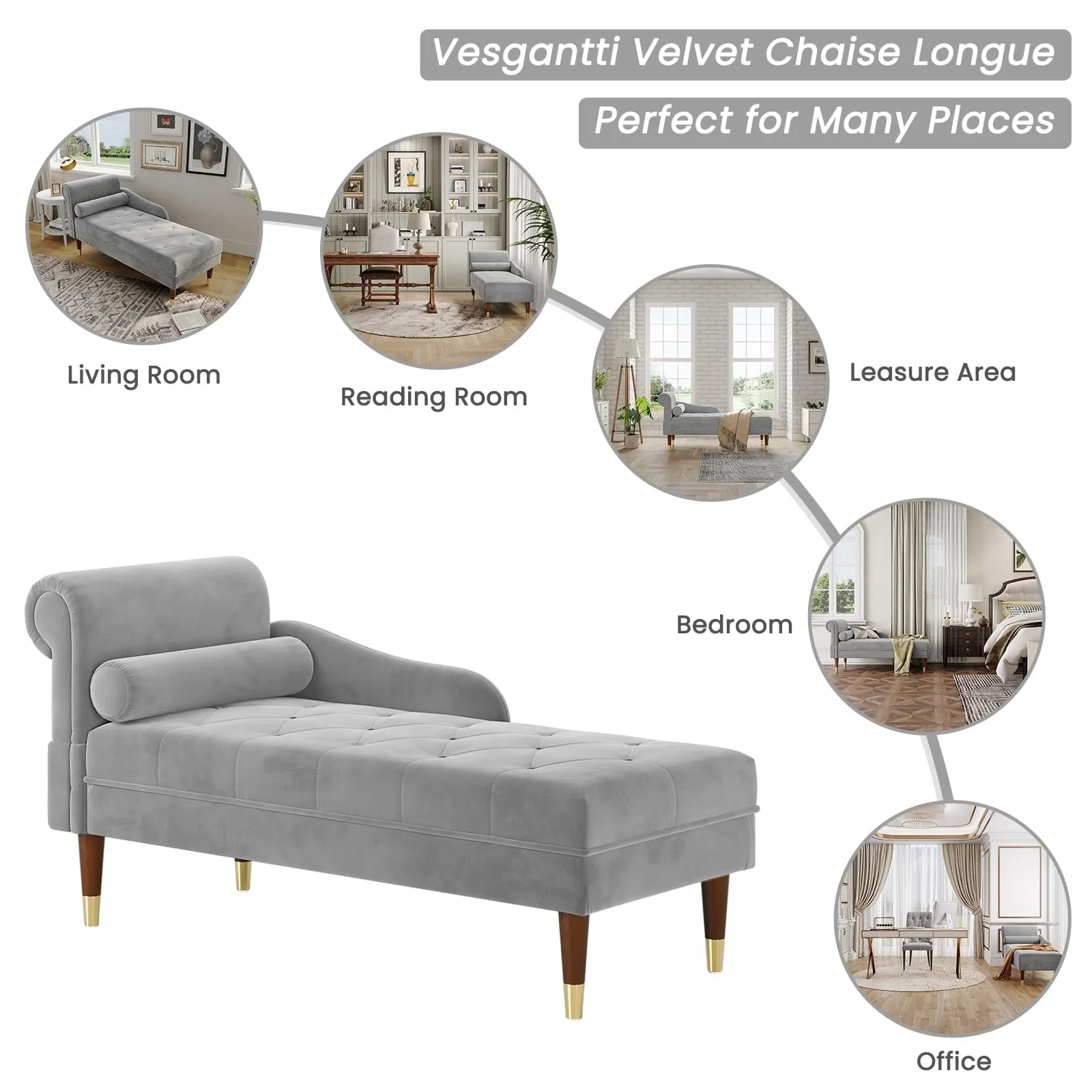 Vesgantti Velvet Chaise Lounge,59" Modern Upholstered Lounge Chair Indoor with Round Armrest Lumbar Pillow, Single Sofa for Living Room Bedroom Office,Grey - Image 5