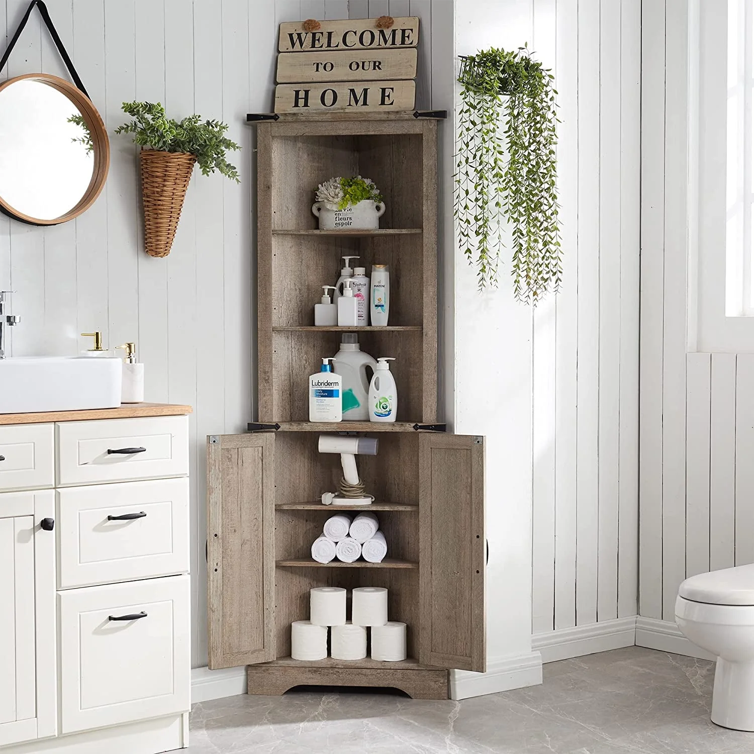 OKD Farmhouse Tall Corner Cabinet with Barn Door & Adjustable Shelves, 68" Rustic Wood Corner Cabinet with Storage Cabinet for Bathroom, Kitchen, Antique White - Image 24