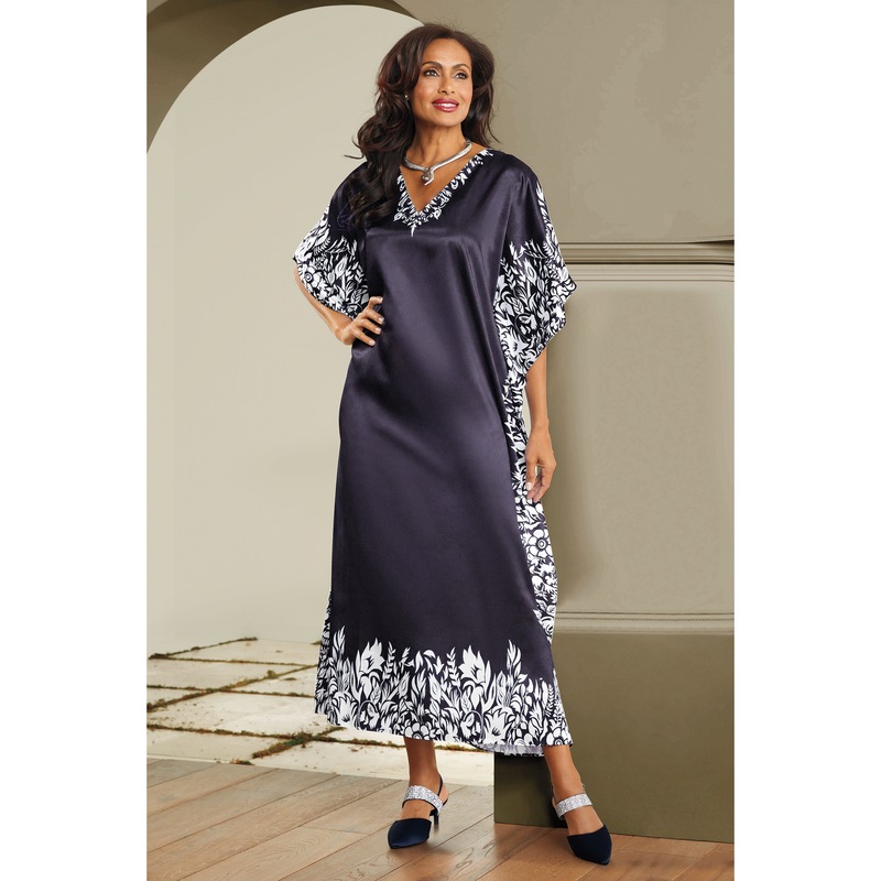 Mi Amor Long V-Neck Caftan with Floral Border - MIDNIGHT VELVET CATALOG