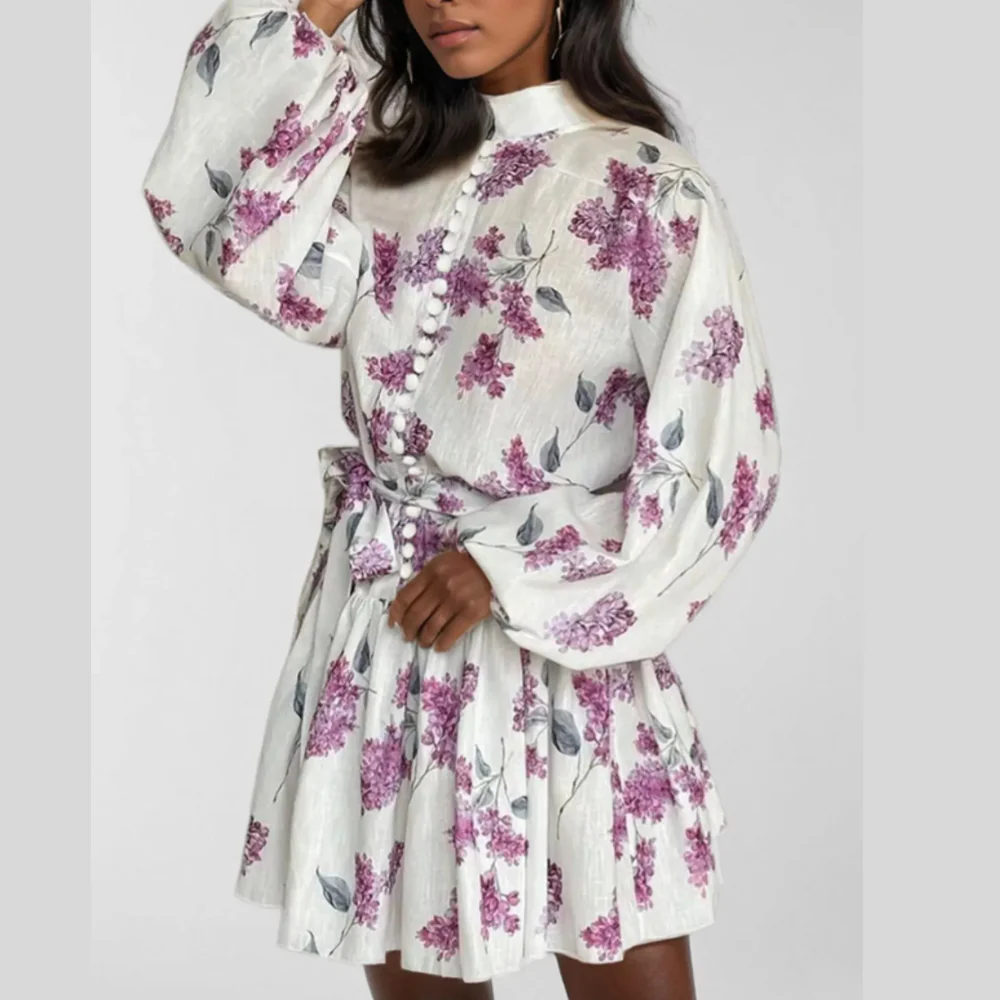 Full Size Floral Print Tie Waist Mini Dress Plus Size - ZKZOOK