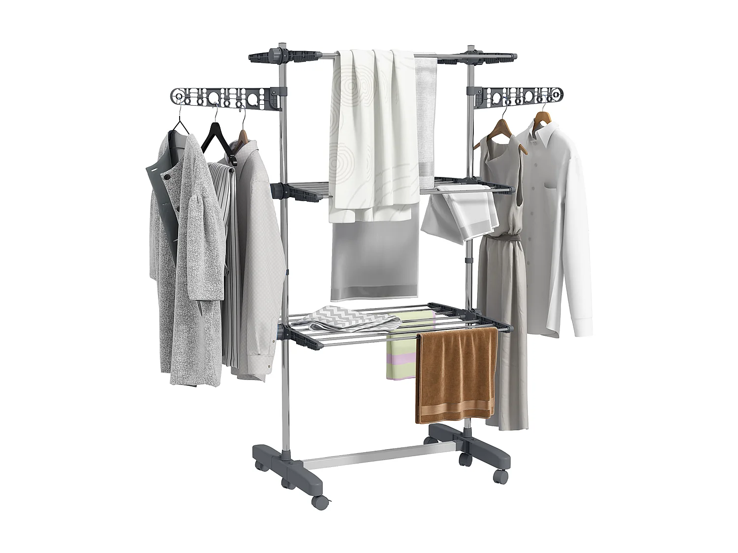 Séchoir à linge étendoir pliable ailes latérales 3 niveaux acier inox PP gris