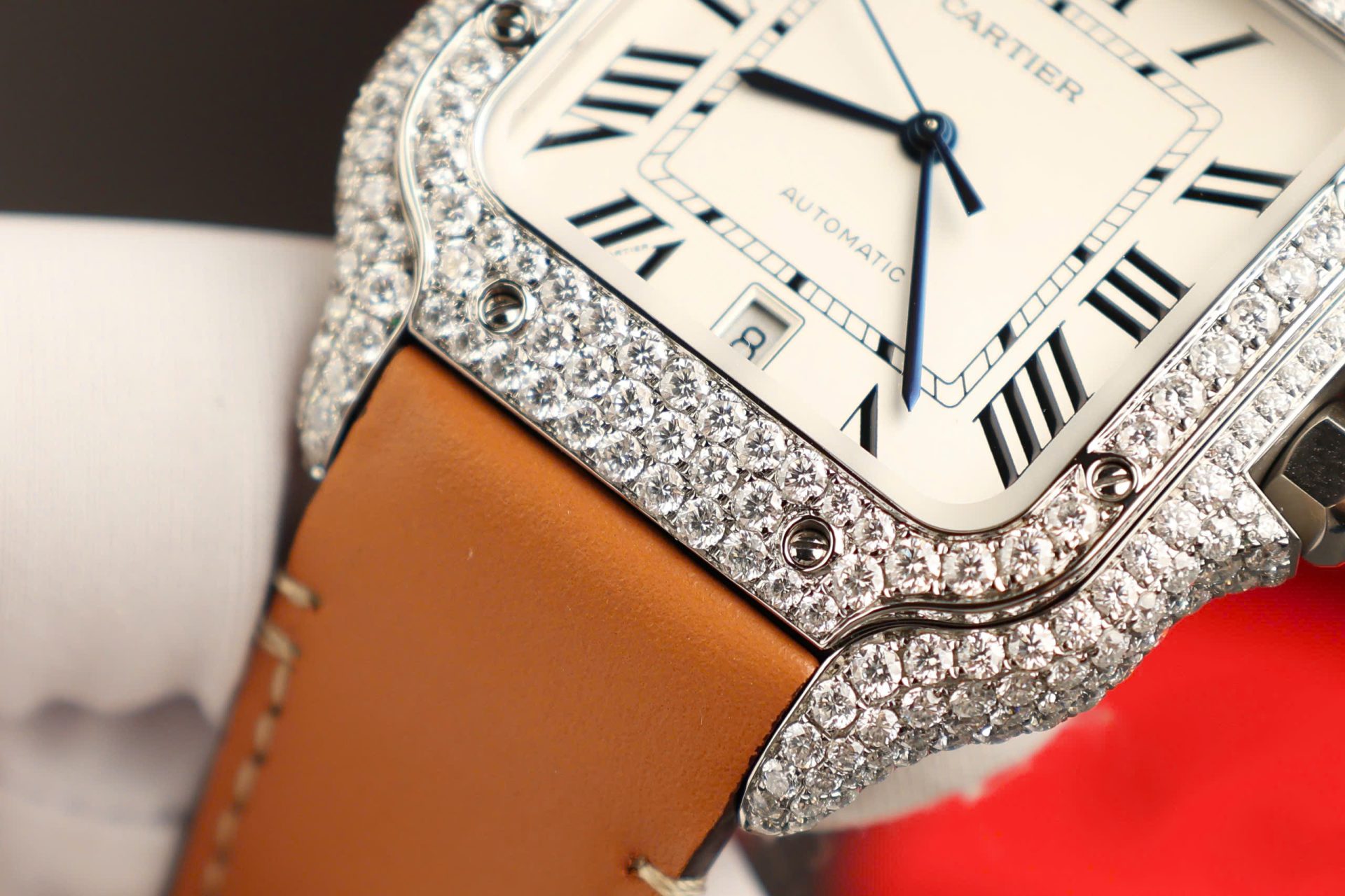 Cartier Santos White Dial Copies Watches Custom Diamonds Moissanite BVF 39.8mm - Top club