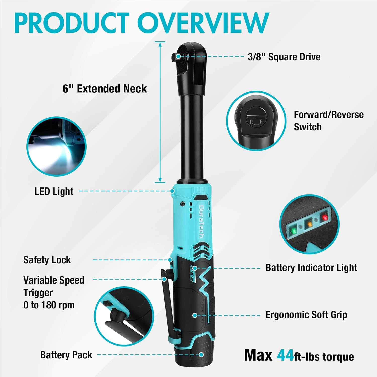 DURATECH Extended Cordless Ratchet Wrench, 3/8