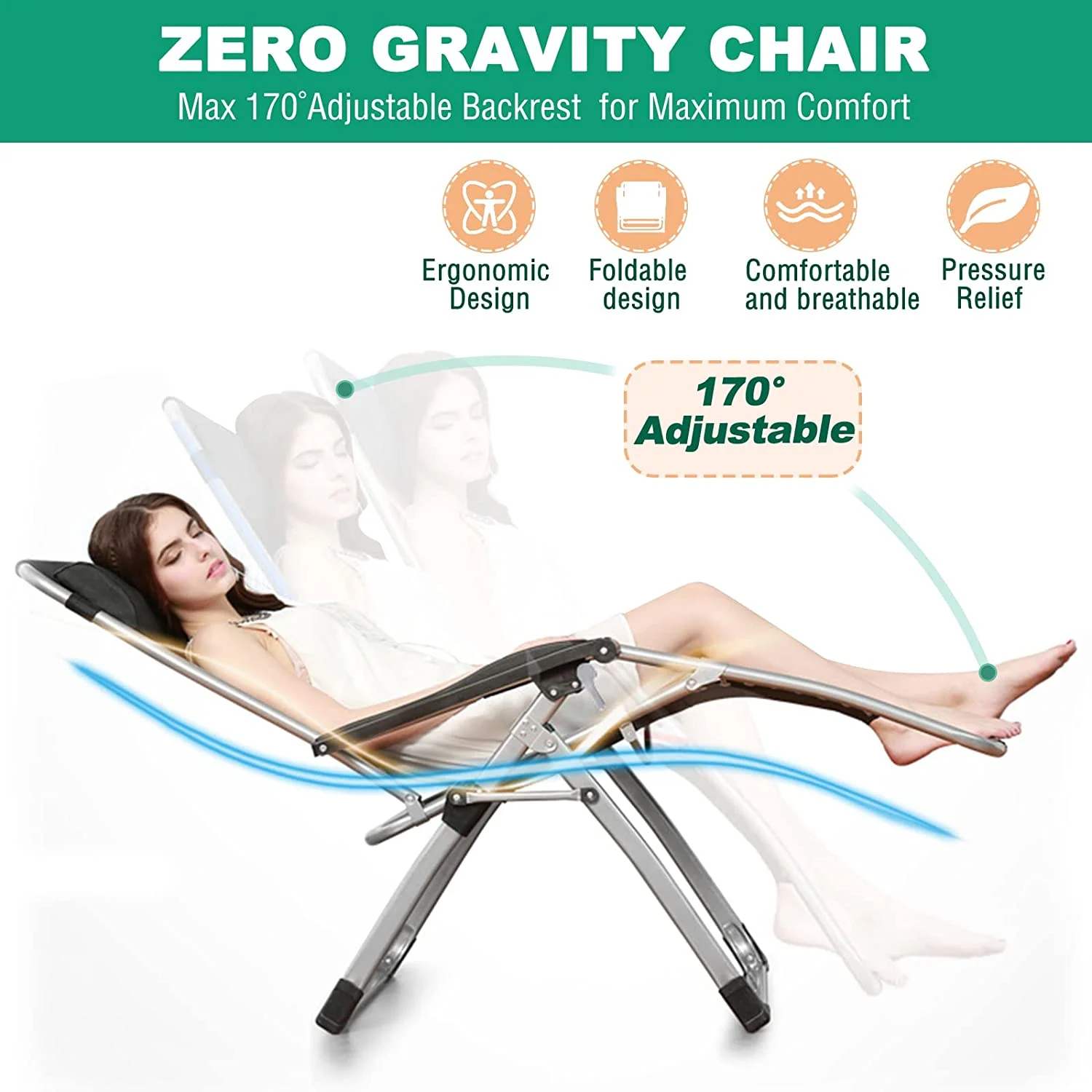NAIZEA Zero Gravity Chair with Removable Cushion and Cup Holder Black - Image 46