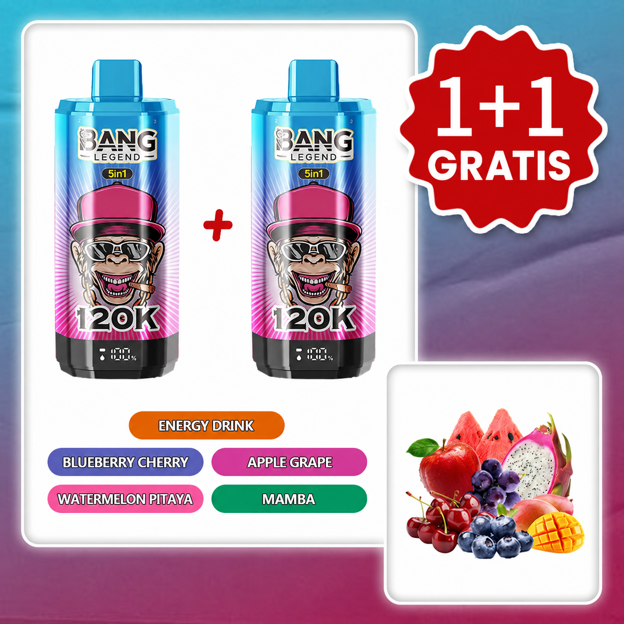 BANG LEGEND 120 000 puffów 5w1 – Energy Drink, Blueberry Cherry, Apple Grape, Watermelon Pitaya | 1+1 gratis