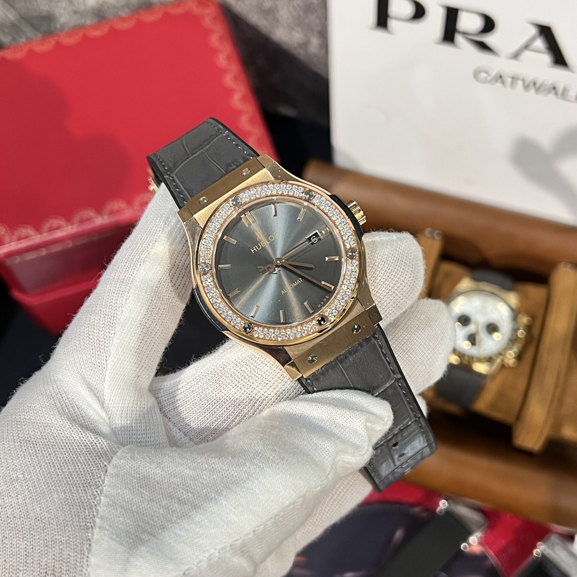 Hublot Replica Watch Classic Fusion King Gold Gray Dial With Moissanite Bezel 42mm - Elite Watch Atelier