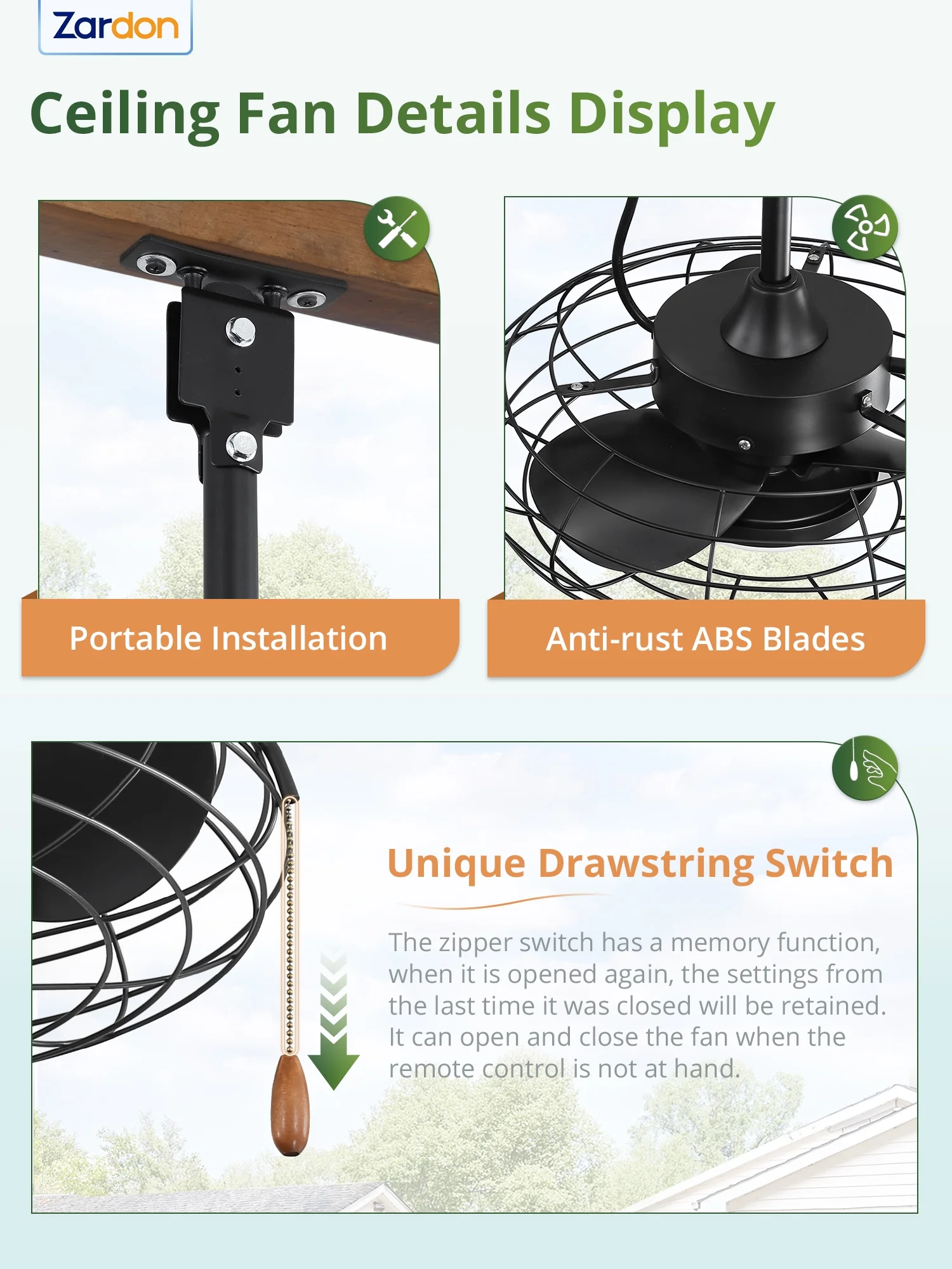 Zardon 20" Outdoor Ceiling Fan with Light and Remote, 7 Blades Caged Waterproof Gazebo Fan for Patio, Porch, Pergola Canopy, App Control - Image 14