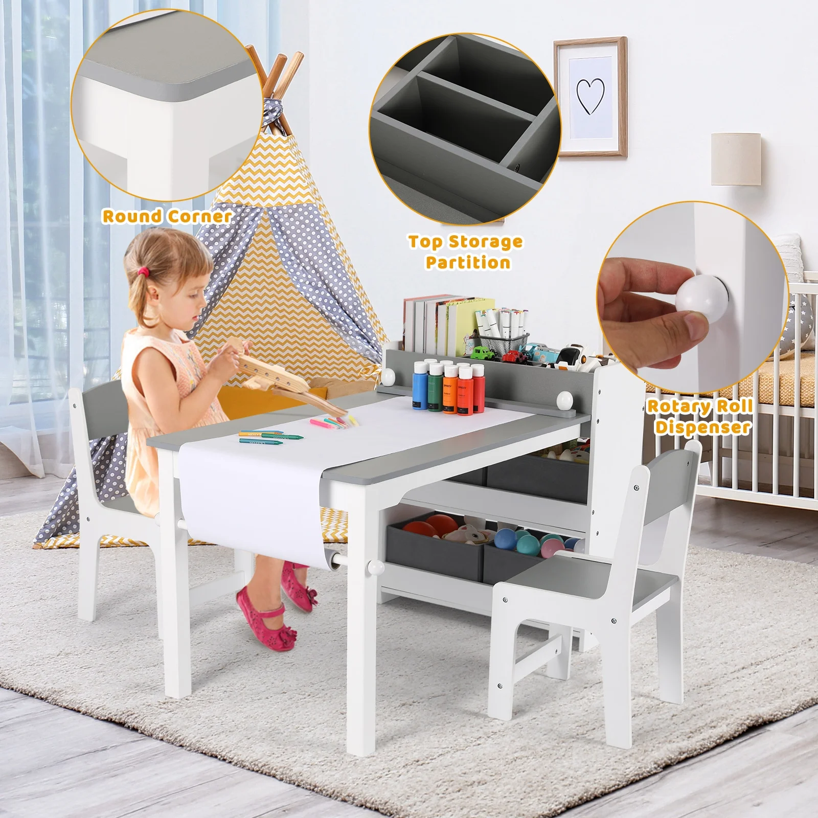 Pirecart Kids Art Table and 2 Chairs Toddler Craft Set Wooden Play Activity Drawing Table with 4 Storage Bins and Paper Roll - Image 11