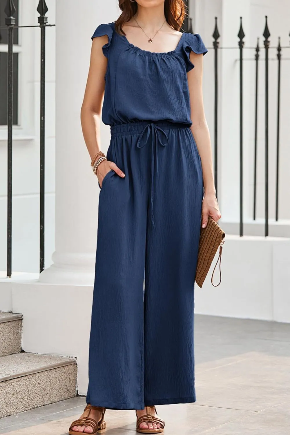 Ruffled Cap Sleeve Wide Leg Jumpsuit - ZKZOOK