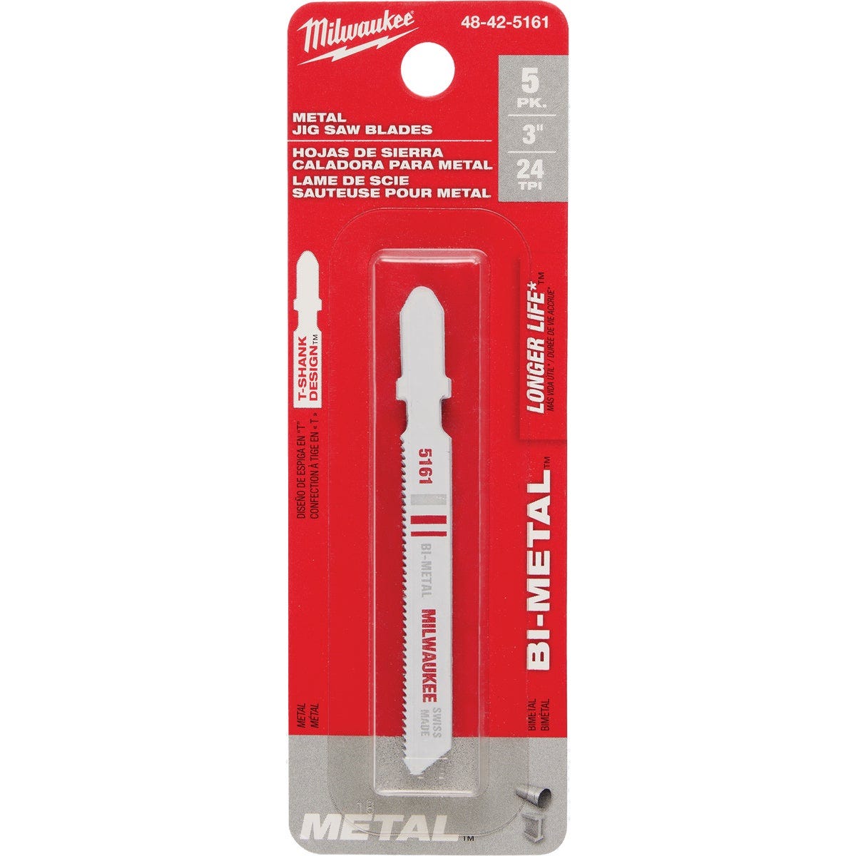 Milwaukee T-Shank 3 In. x 24 TPI Bi-Metal Jig Saw Blade, Metal Cutting (5-Pack)