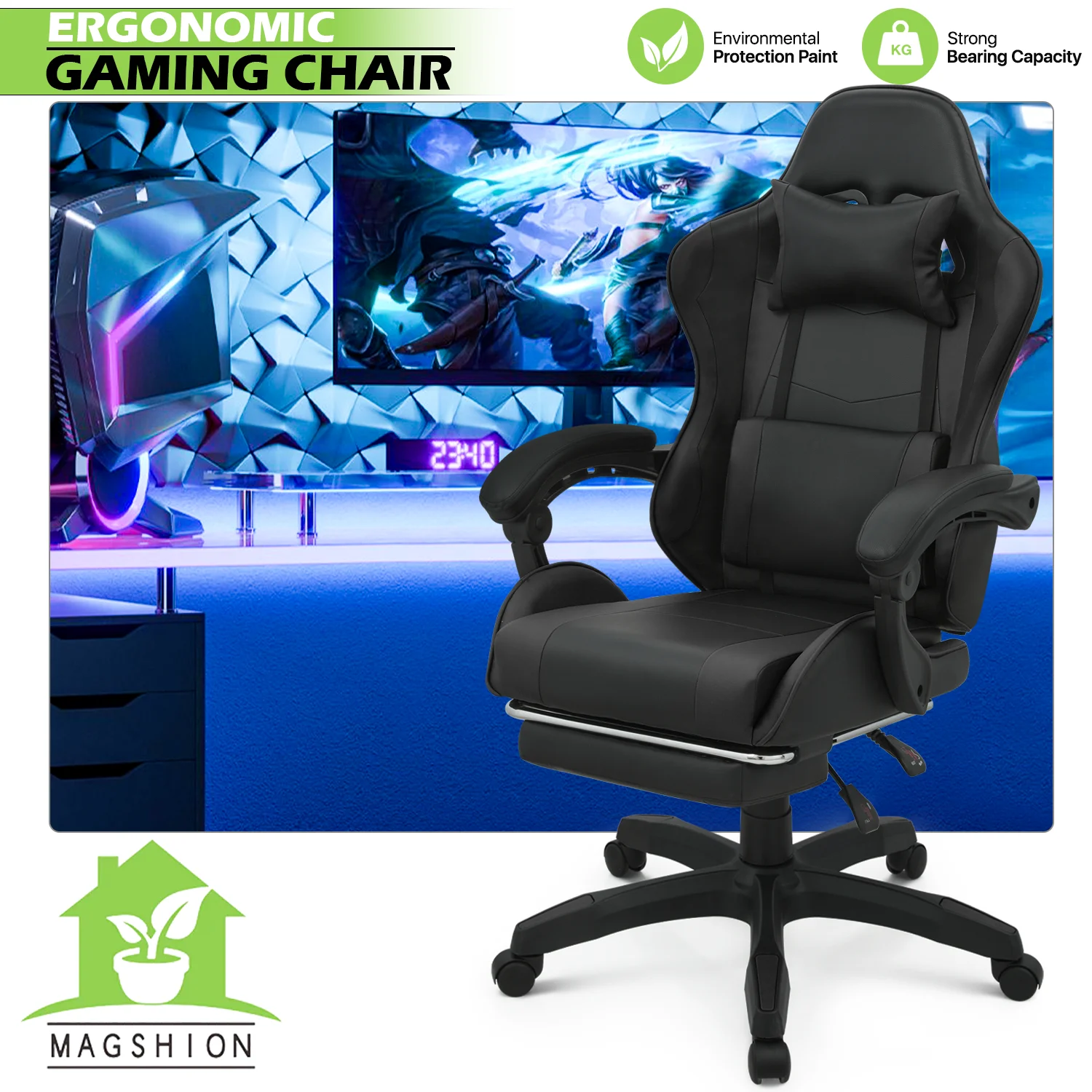 Magshion Adjustable Gaming Chair, Ergonomic PC Computer Seat with Headrest and Lumbar Support for Adults Teens Desk Chair, Black