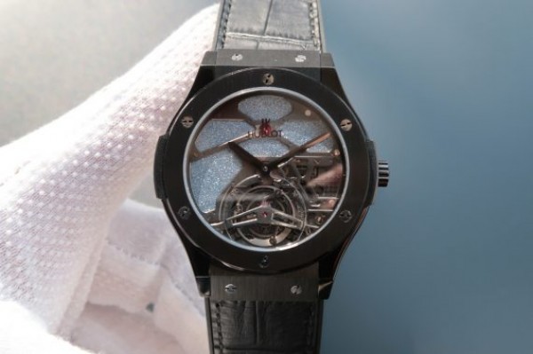 Replica Hublot Classic Fusion Tourbillon 45mm TF PVD Purple Skeleton Dial Black Gummy Strap A23J - Elite Watch Atelier