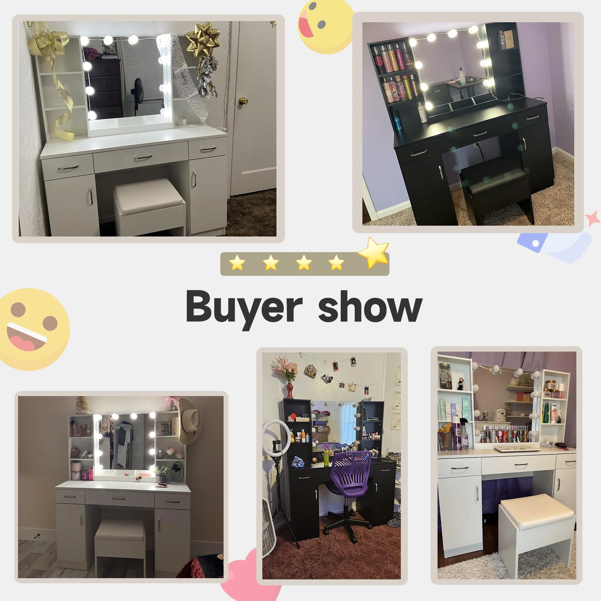 VEANERWOOD Large Makeup Vanity Set with Light Modern Makeup Vanity Table with Storage and Adjustable Lighting Colors for Bedroom 45.2in, White - Image 13
